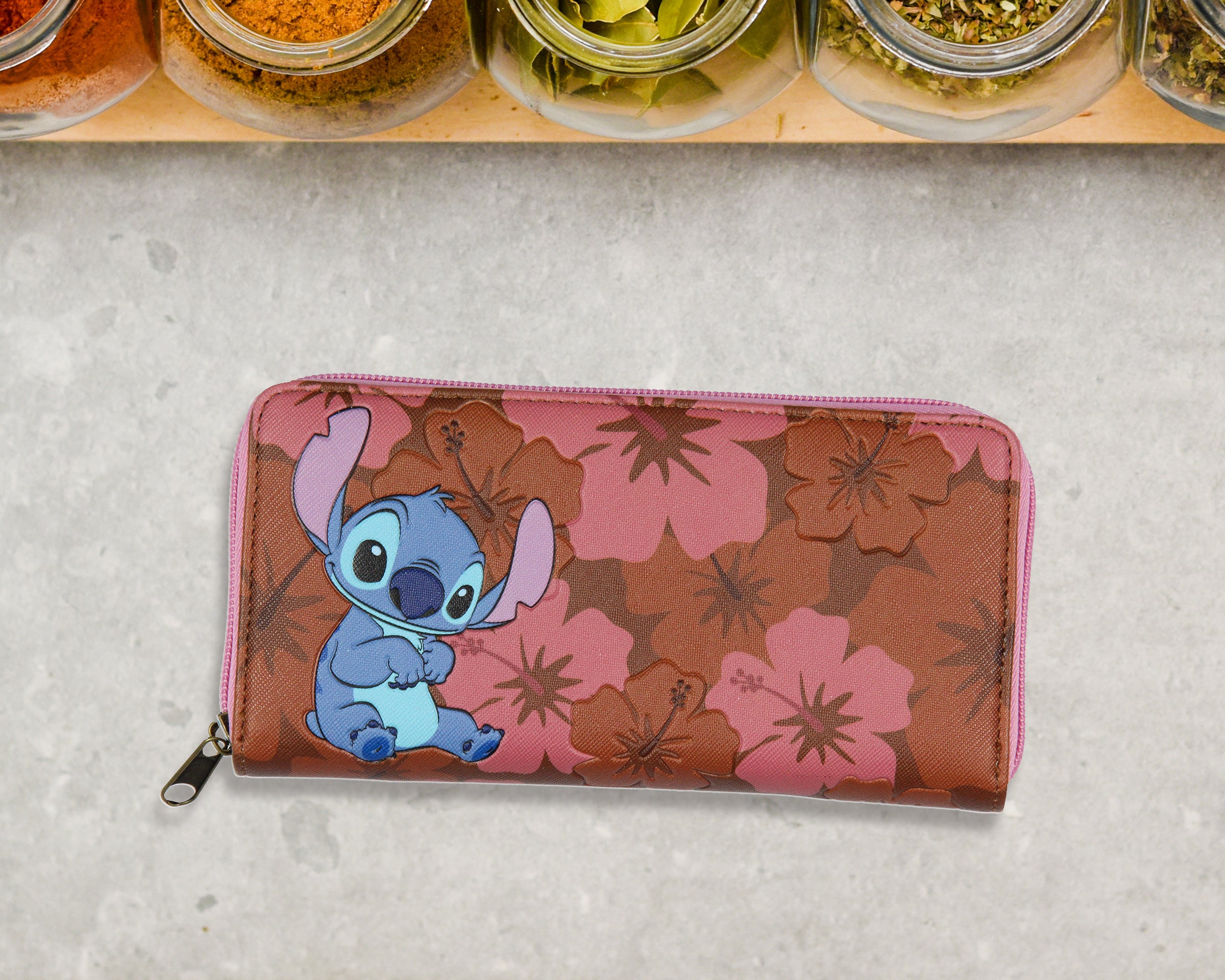 Disney Lilo & Stitch Allover Floral Stamped Design Full Zip Wallet