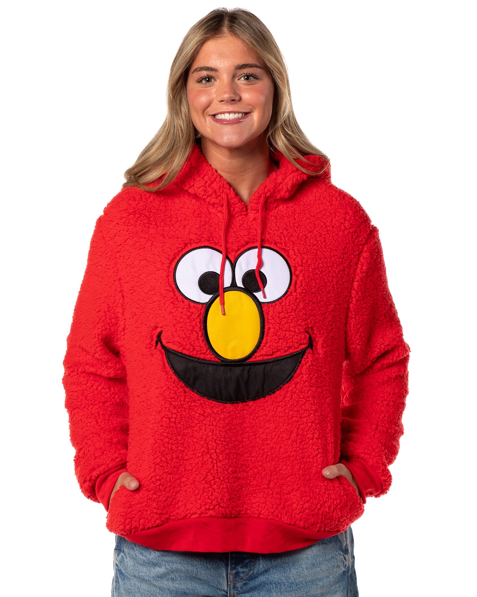 Sesame Street Women's Elmo Embroidered Patch Big Face Plush Fleece Hoodie