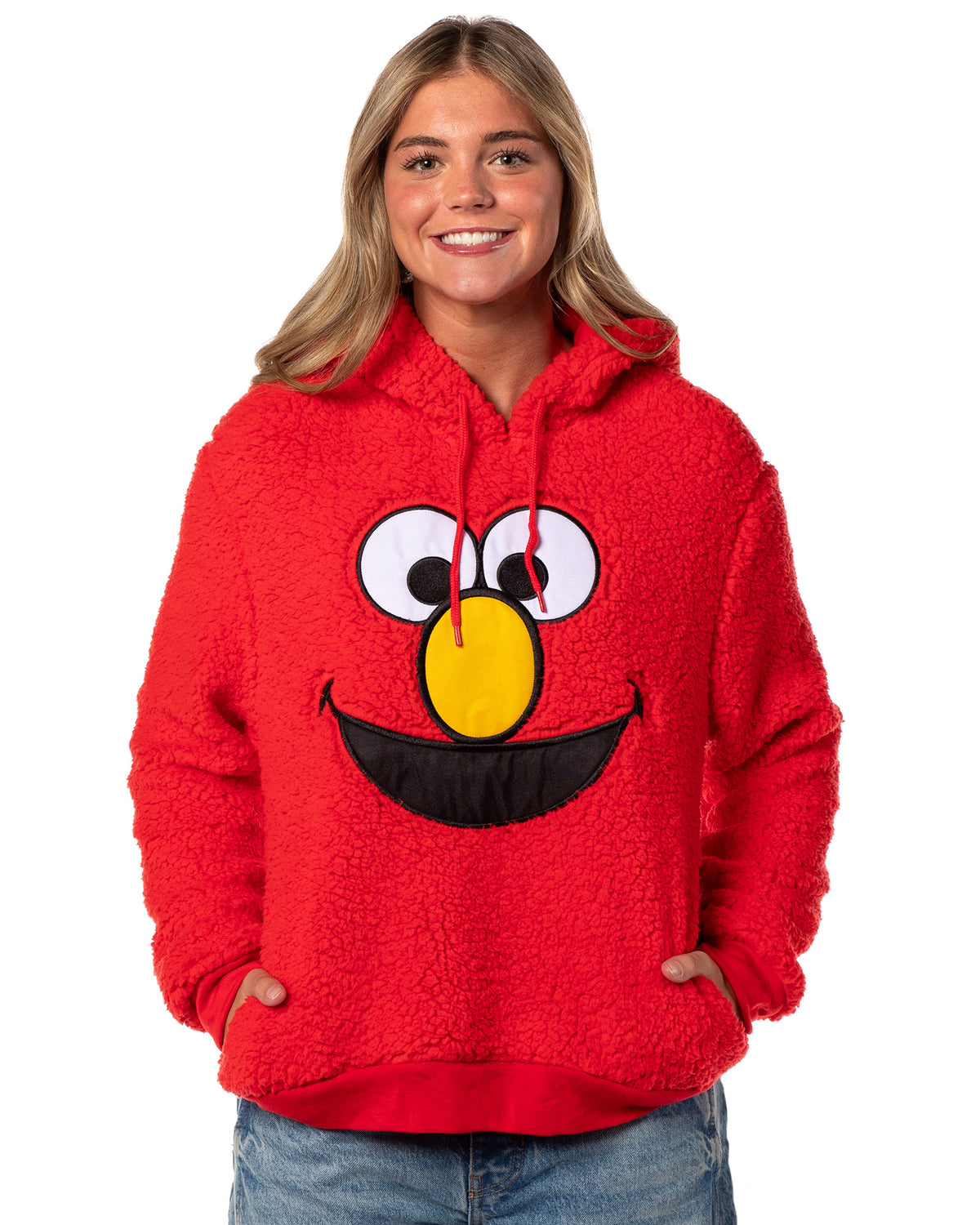 Sesame Street Women's Elmo Embroidered Patch Big Face Plush Fleece Hoodie
