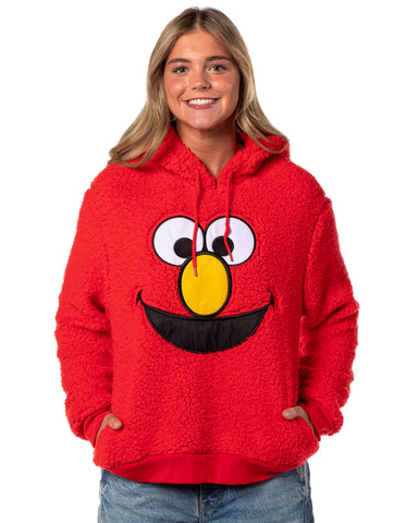 Sesame Street Women's Elmo Embroidered Patch Big Face Plush Fleece Hoodie