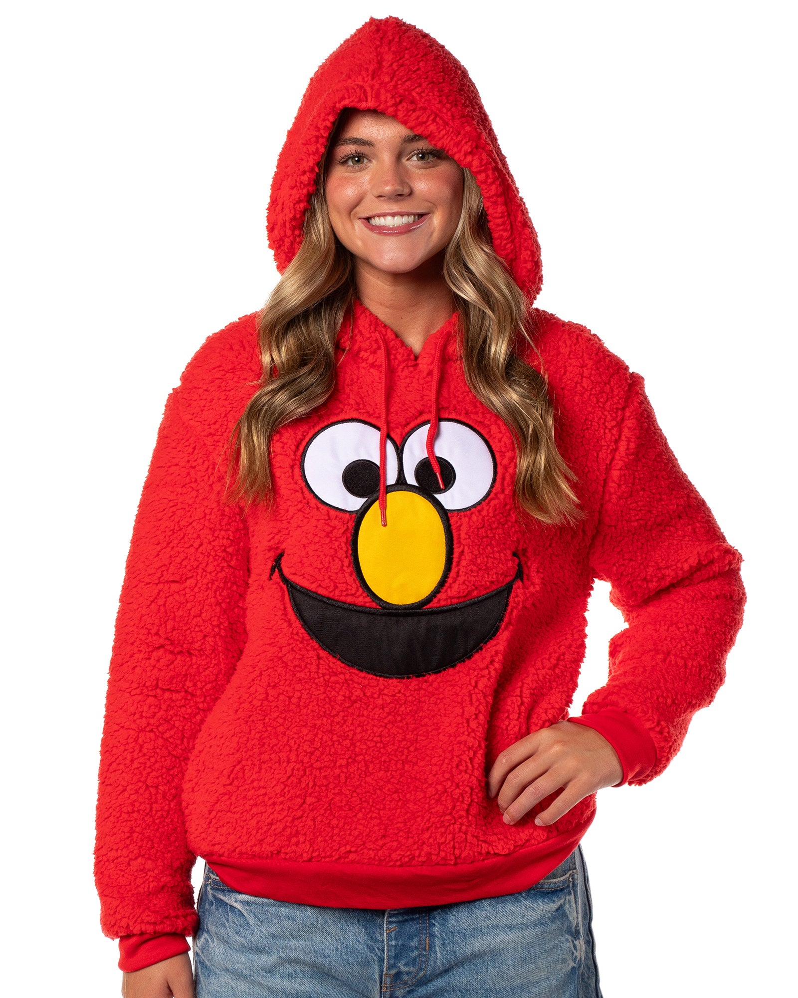 Sesame Street Women's Elmo Embroidered Patch Big Face Plush Fleece Hoodie