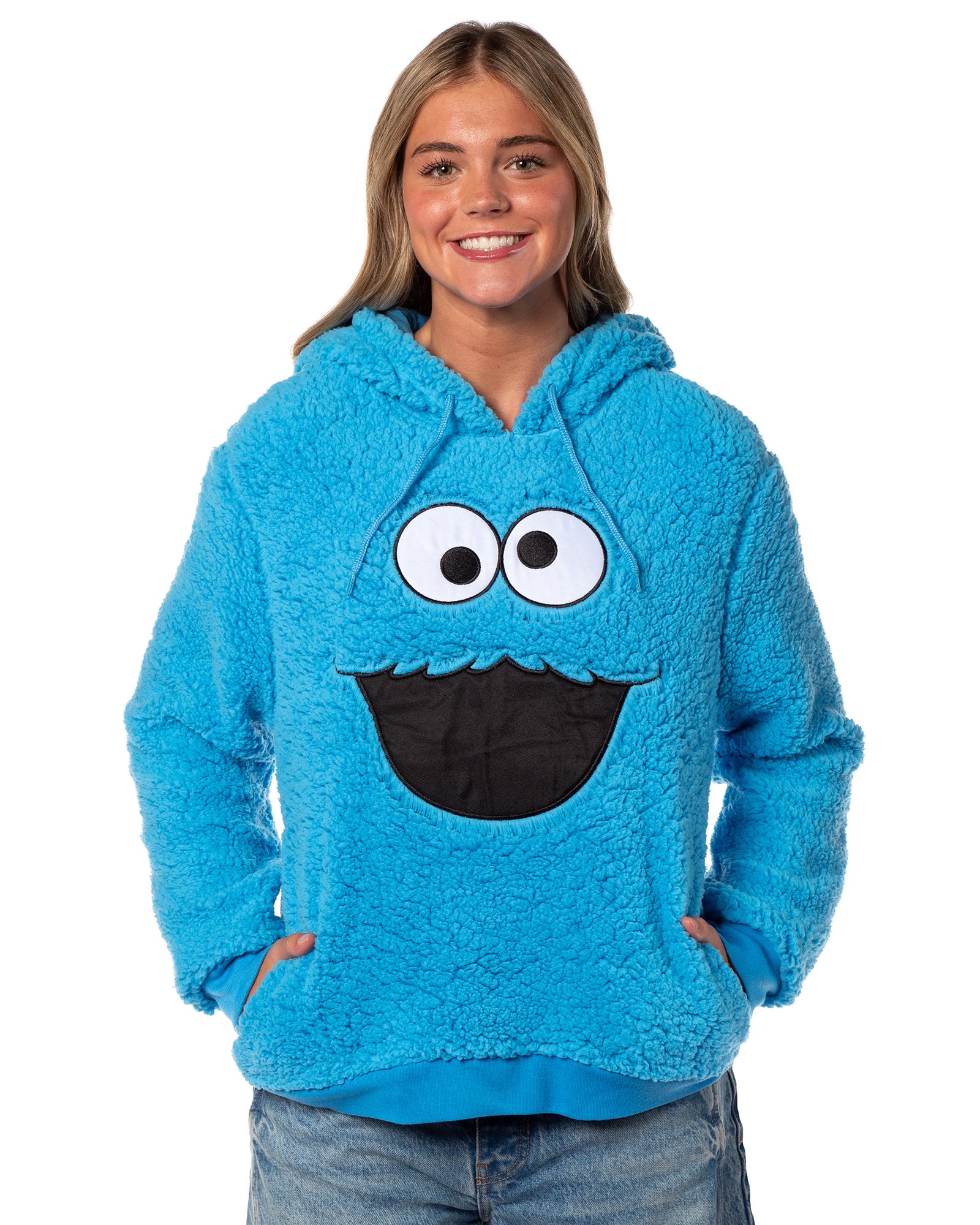 Sesame Street Women's Cookie Monster Embroidered Face Plush Fleece Hoodie