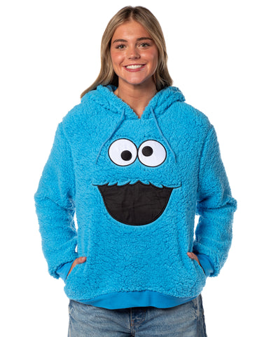 Sesame Street Women's Cookie Monster Embroidered Face Plush Fleece Hoodie