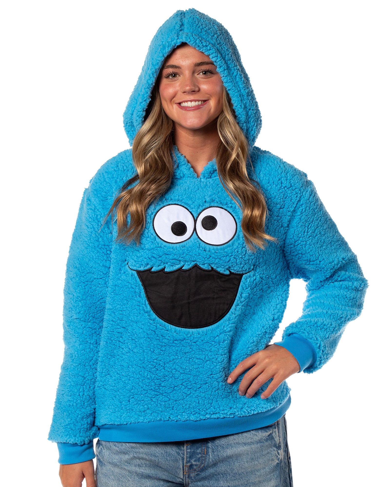 Sesame Street Women's Cookie Monster Embroidered Face Plush Fleece Hoodie