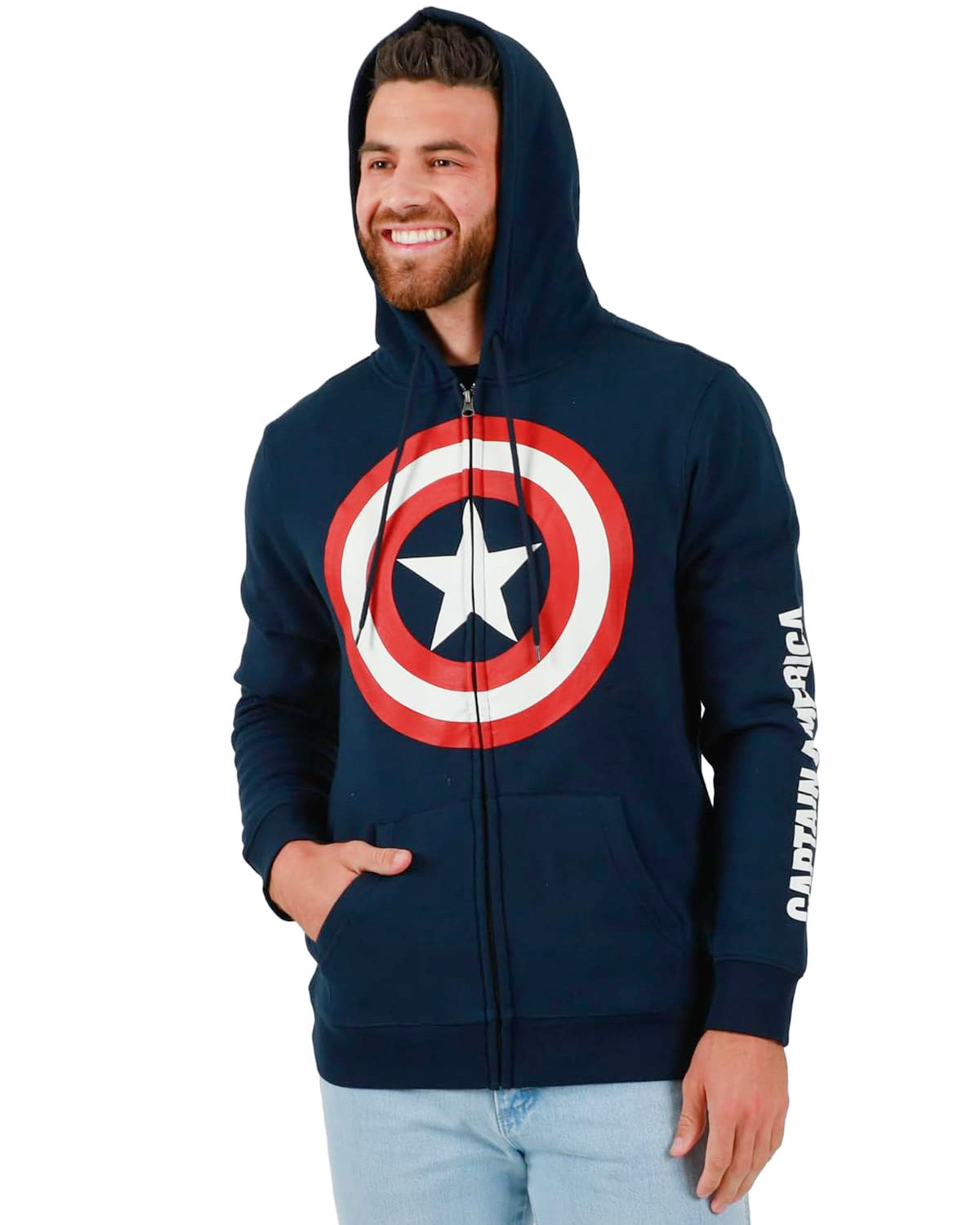 Marvel Captain America Jacket Men's Shield Logo Long Sleeve Zip Up Hoodie