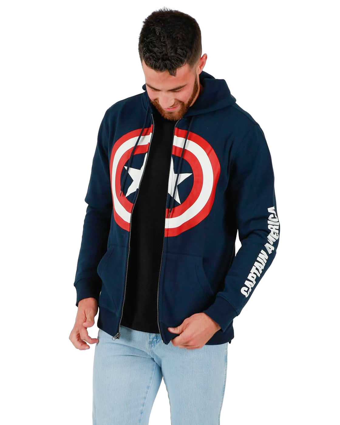 Marvel Captain America Jacket Men's Shield Logo Long Sleeve Zip Up Hoodie