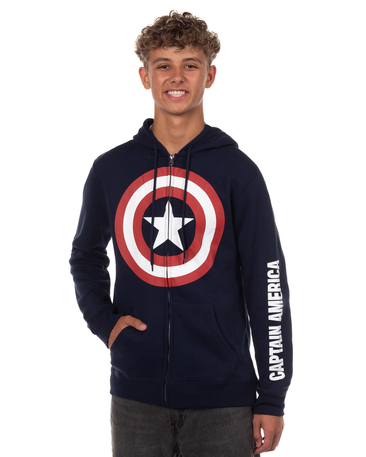 Marvel Captain America Jacket Men's Shield Logo Long Sleeve Zip Up Hoodie