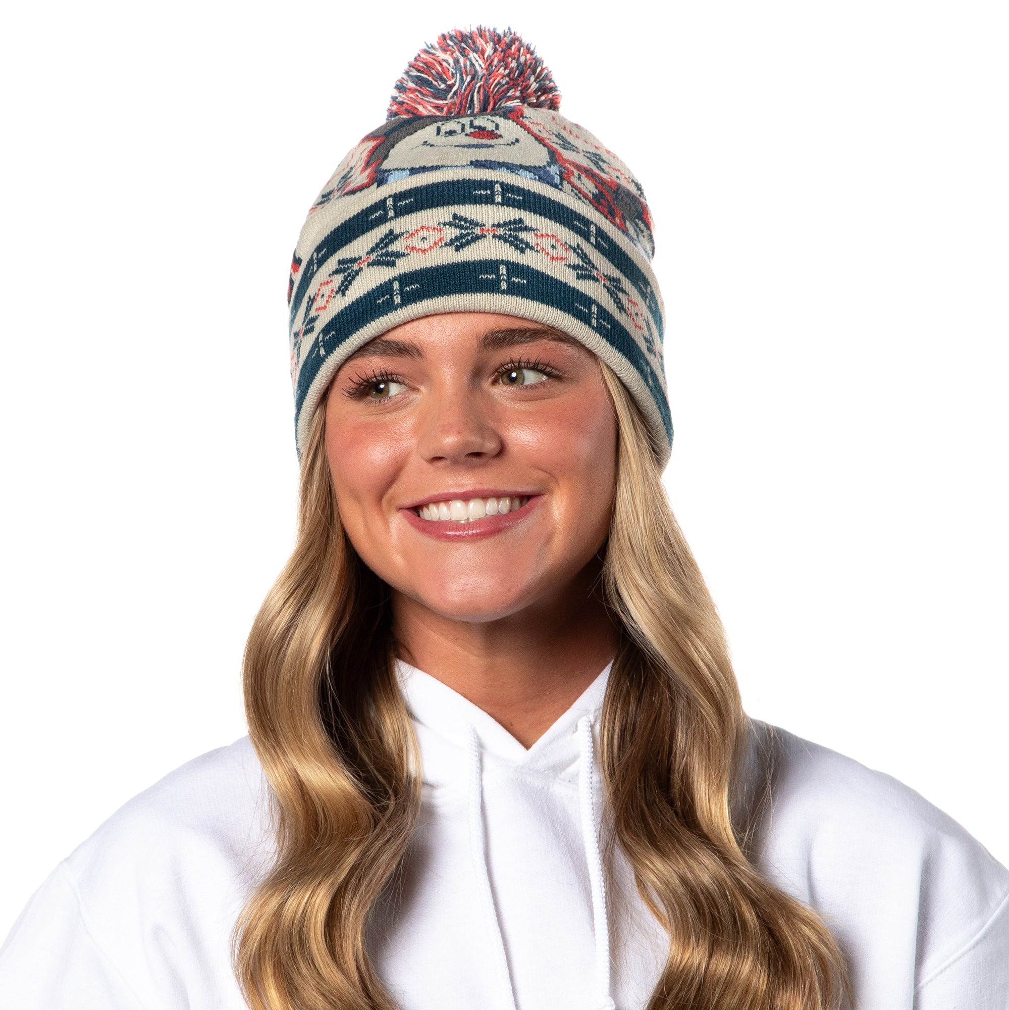 Frosty The Snowman Beanie Winter Fun Fair Isle Frosty Design Cuff Top Pom Beanie