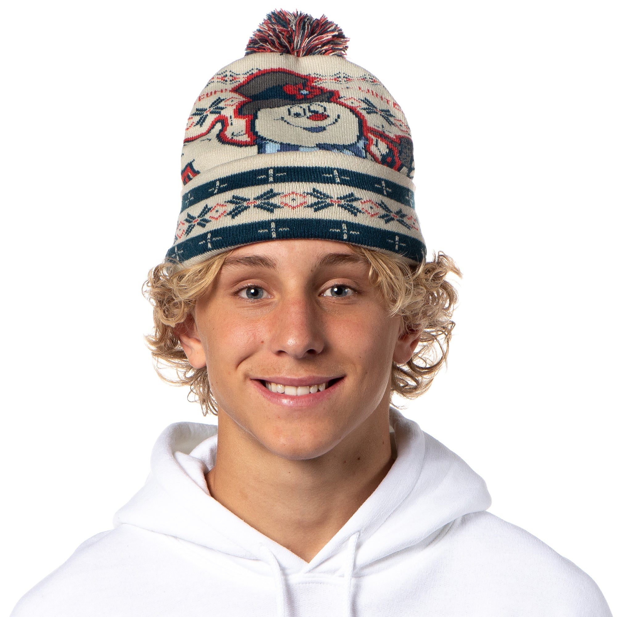 Frosty The Snowman Beanie Winter Fun Fair Isle Frosty Design Cuff Top Pom Beanie