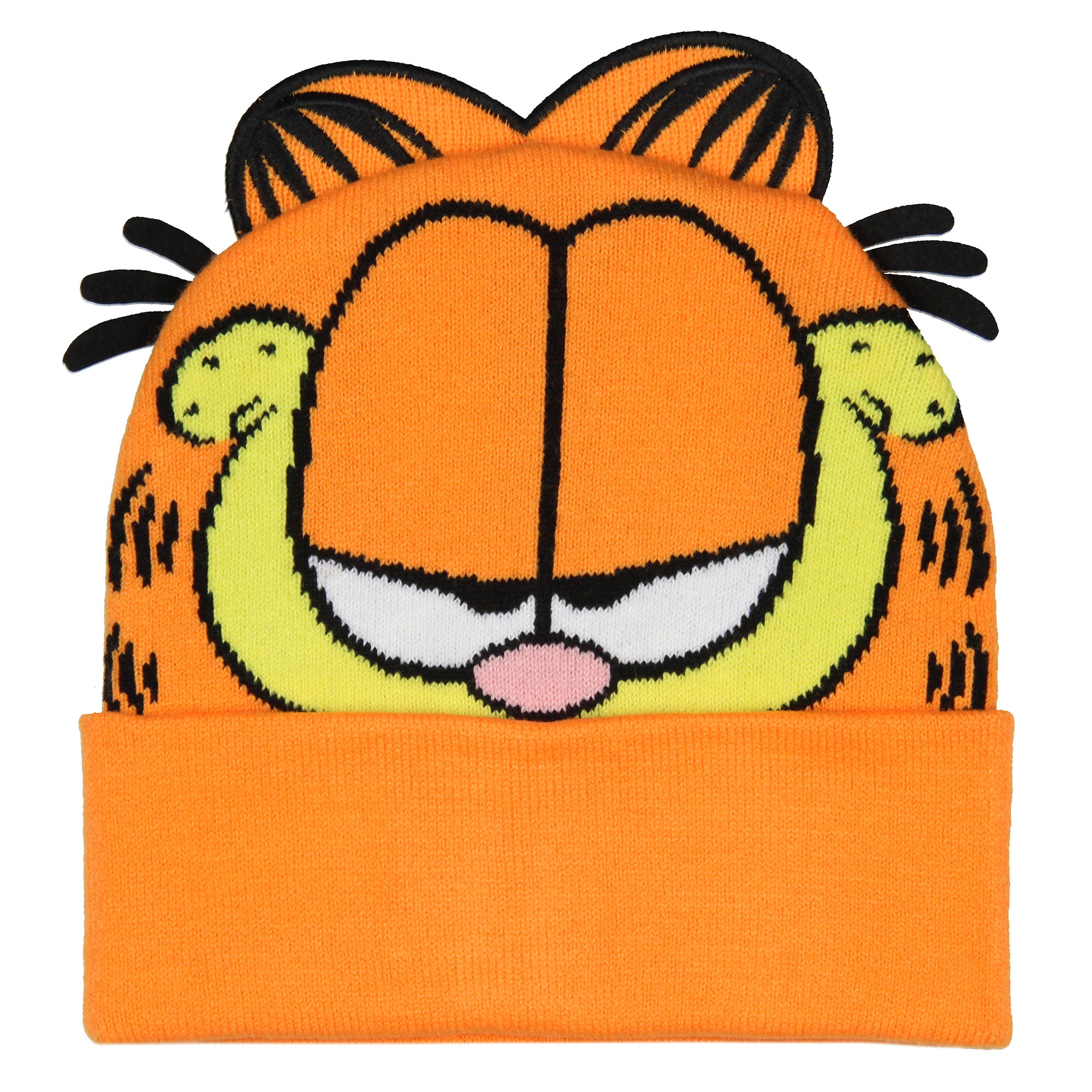 Garfield Beanie Men's Allover Face Design w 3D Ears Faux Fur Tufts Fold Cuff Beanie