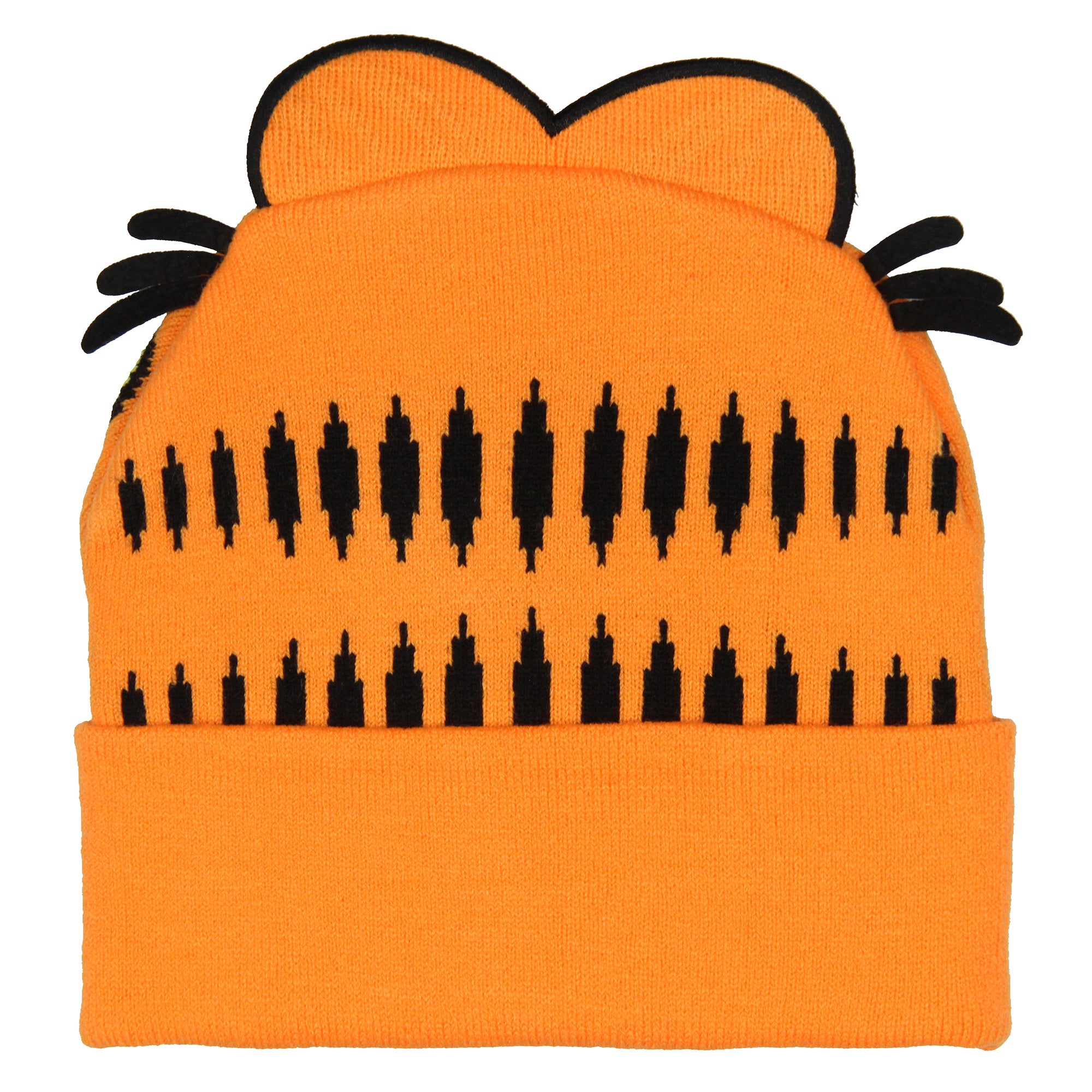 Garfield Beanie Men's Allover Face Design w 3D Ears Faux Fur Tufts Fold Cuff Beanie