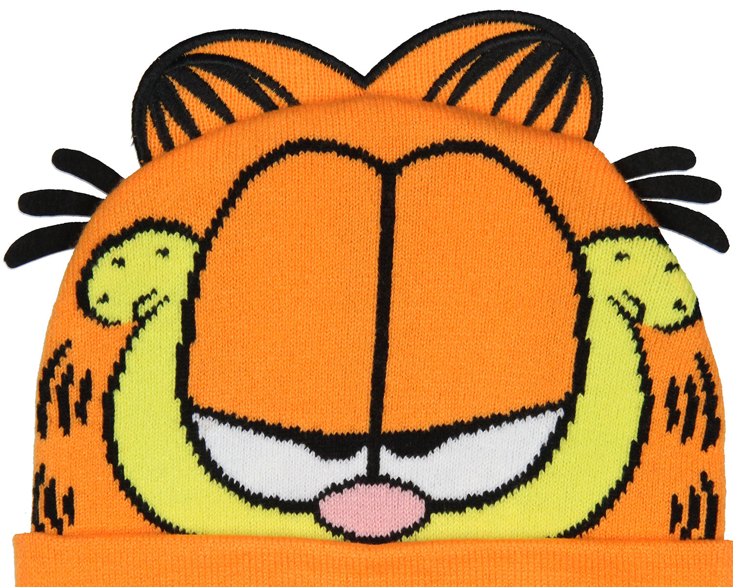Garfield Beanie Men's Allover Face Design w 3D Ears Faux Fur Tufts Fold Cuff Beanie