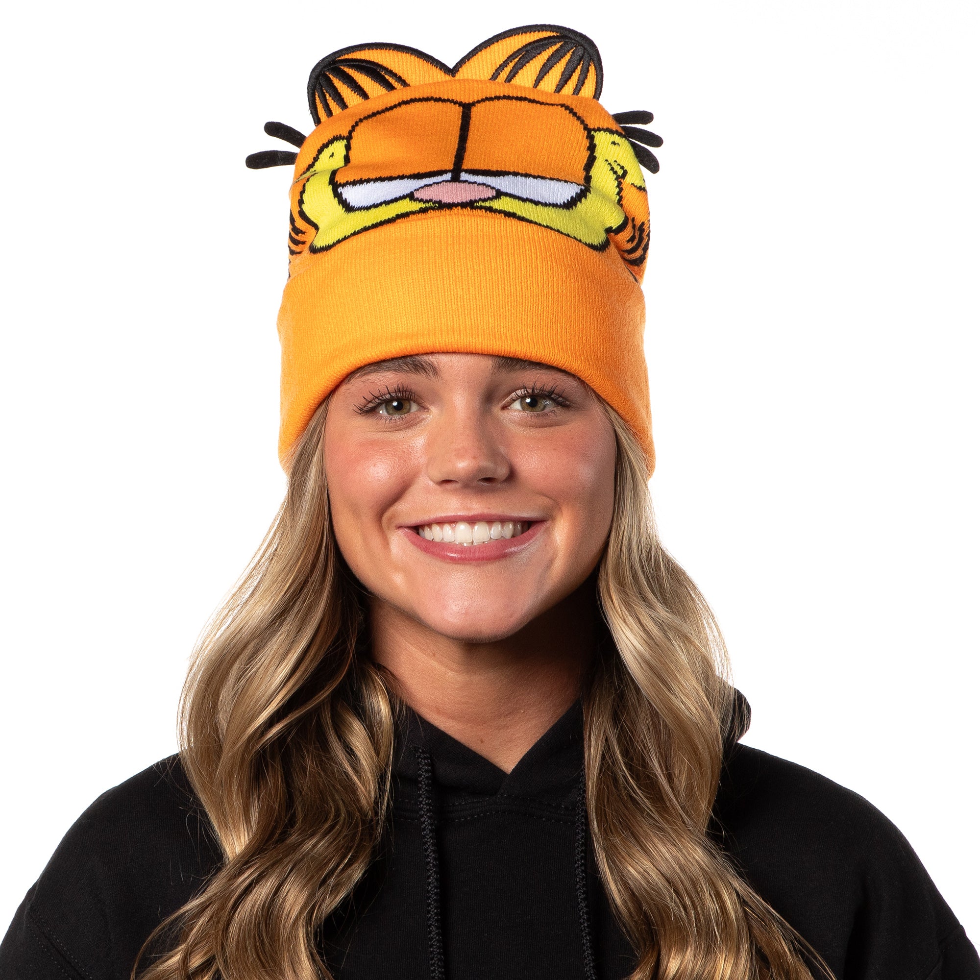 Garfield Beanie Men's Allover Face Design w 3D Ears Faux Fur Tufts Fold Cuff Beanie