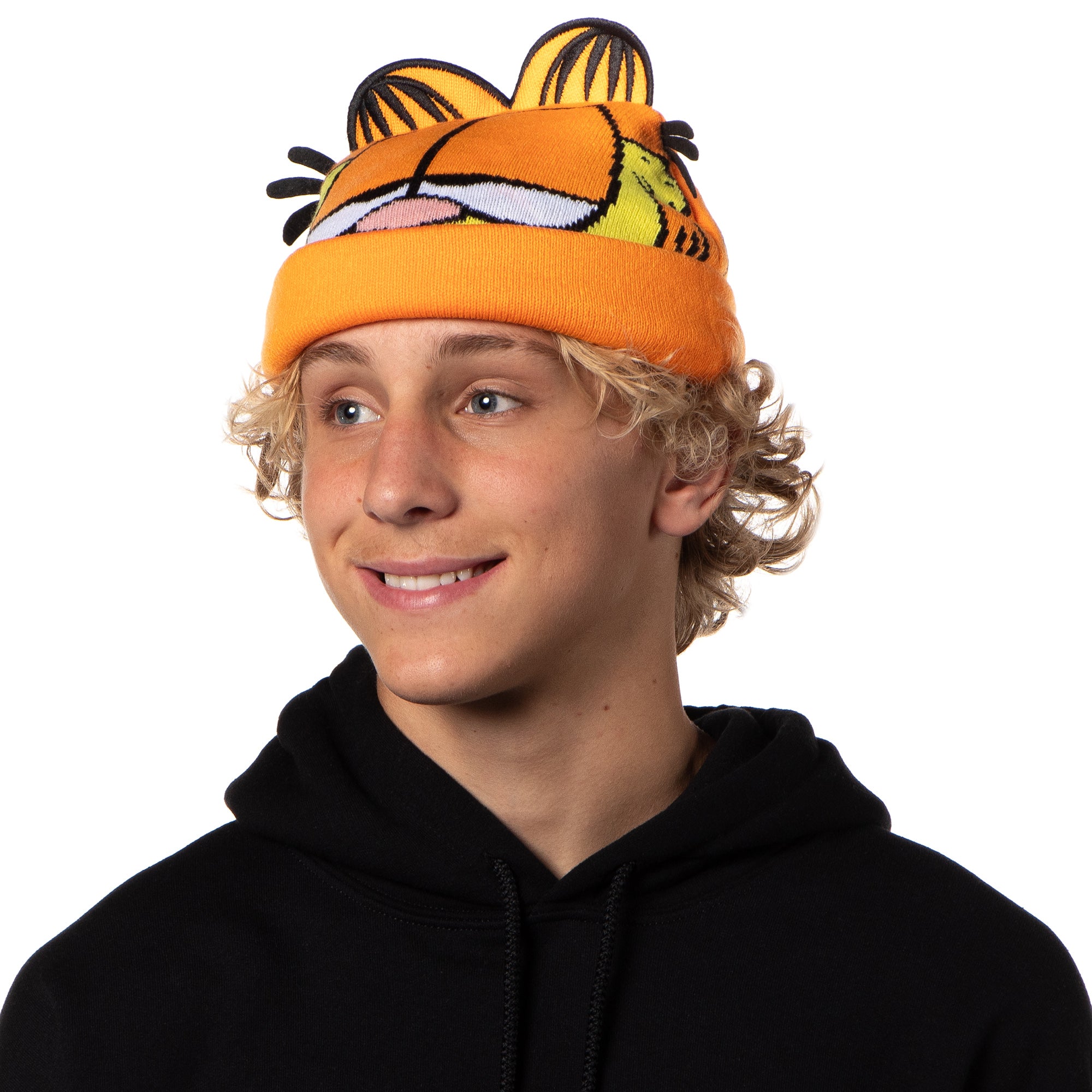 Garfield Beanie Men's Allover Face Design w 3D Ears Faux Fur Tufts Fold Cuff Beanie