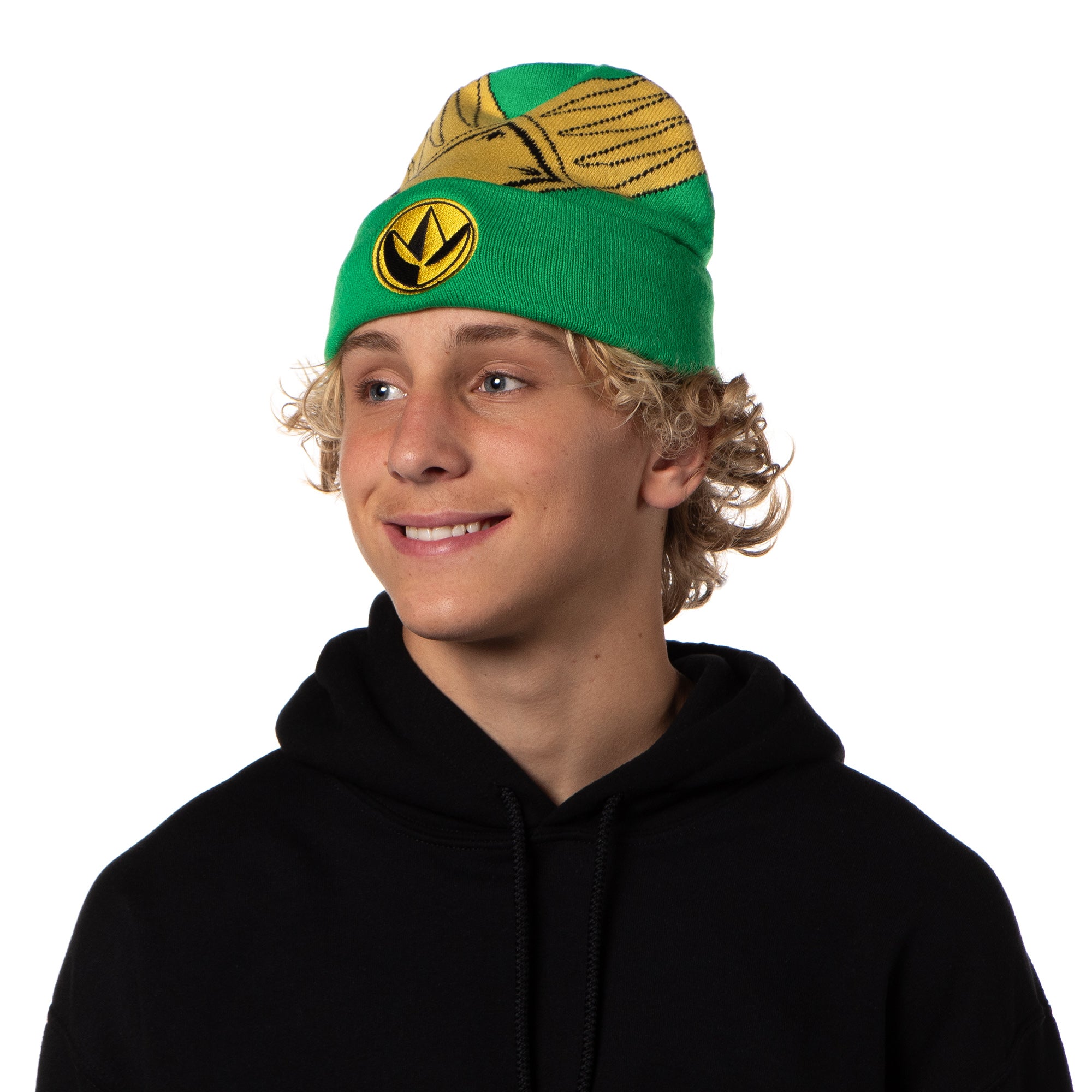 Power Rangers Green Ranger Beanie Men's Gold Armor Embroidered Patch Knit Beanie