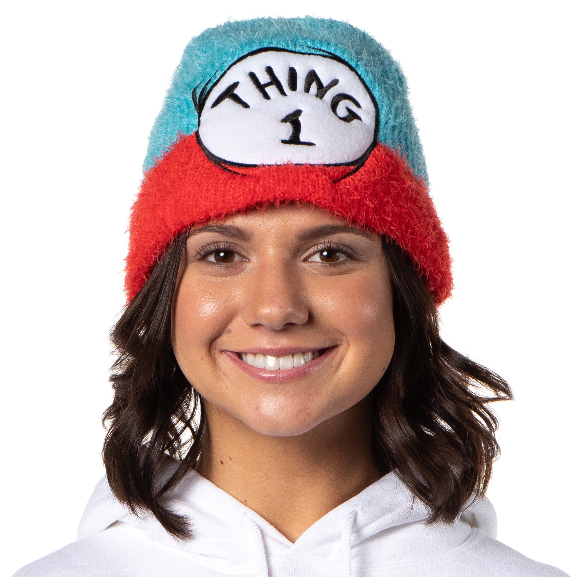 Dr. Seuss The Cat In The Hat Thing 1 and Thing 2 Embroidered Fuzzy Yarn Beanie