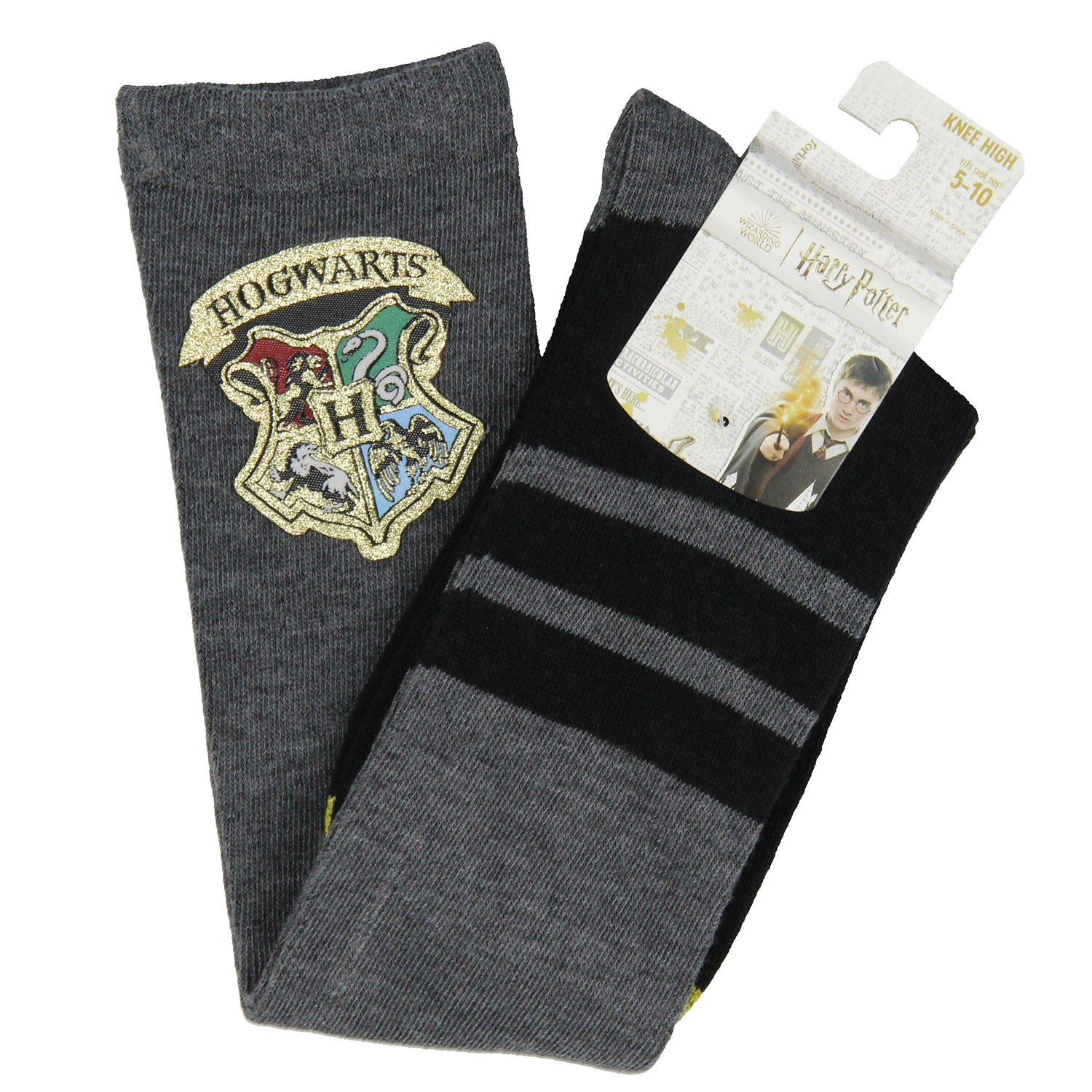 Harry Potter Women's Glitter Hogwarts Crest Embroidered Patch Knee High Socks