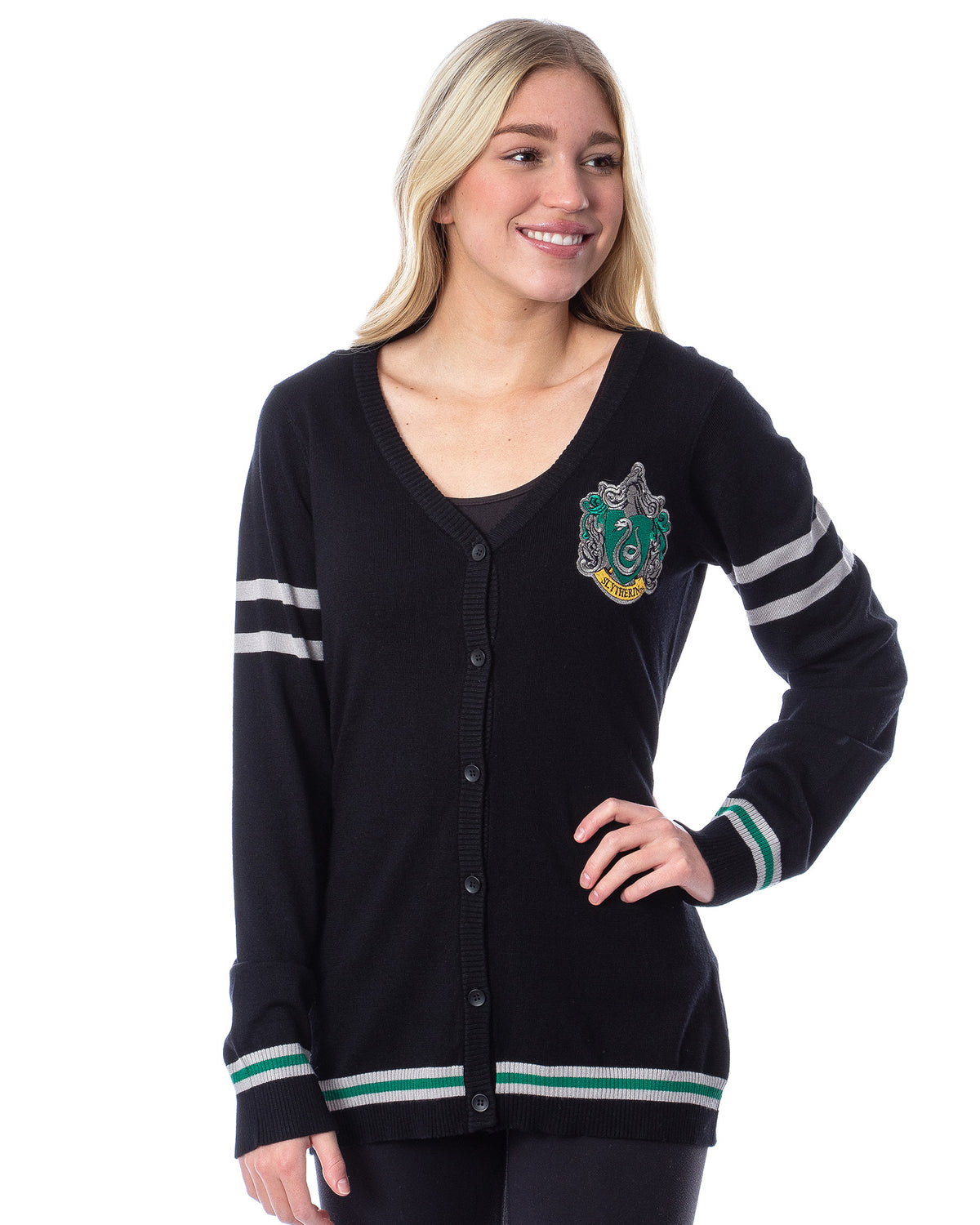 Harry Potter Womens' Slytherin House Open Front Cardigan Juniors Knit Sweater