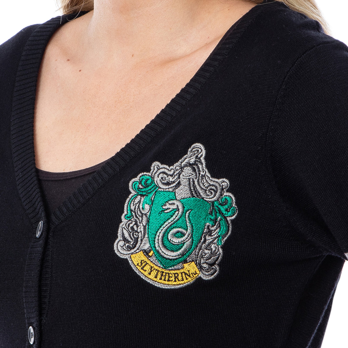 Harry Potter Womens' Slytherin House Open Front Cardigan Juniors Knit Sweater