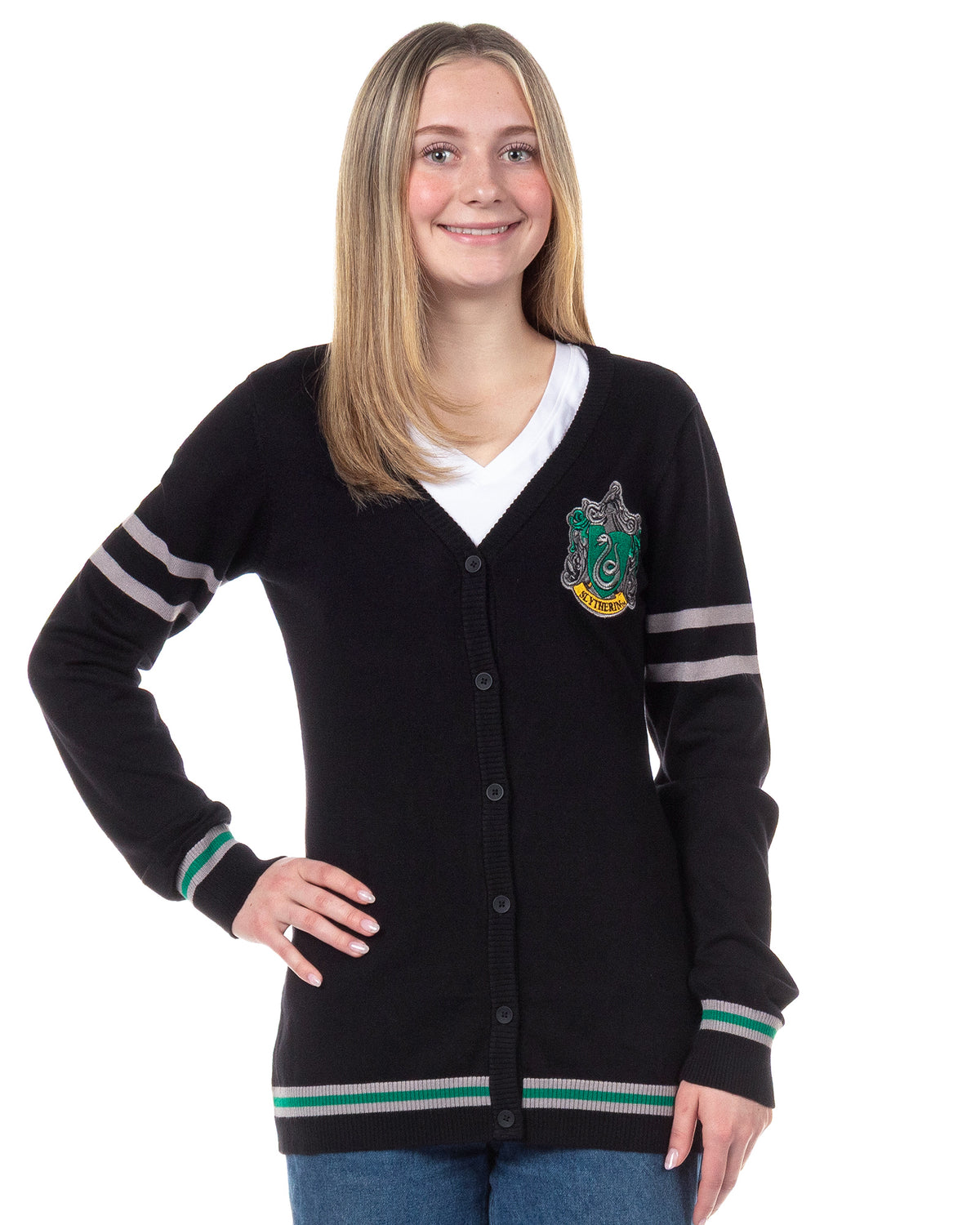 Harry Potter Womens' Slytherin House Open Front Cardigan Juniors Knit Sweater