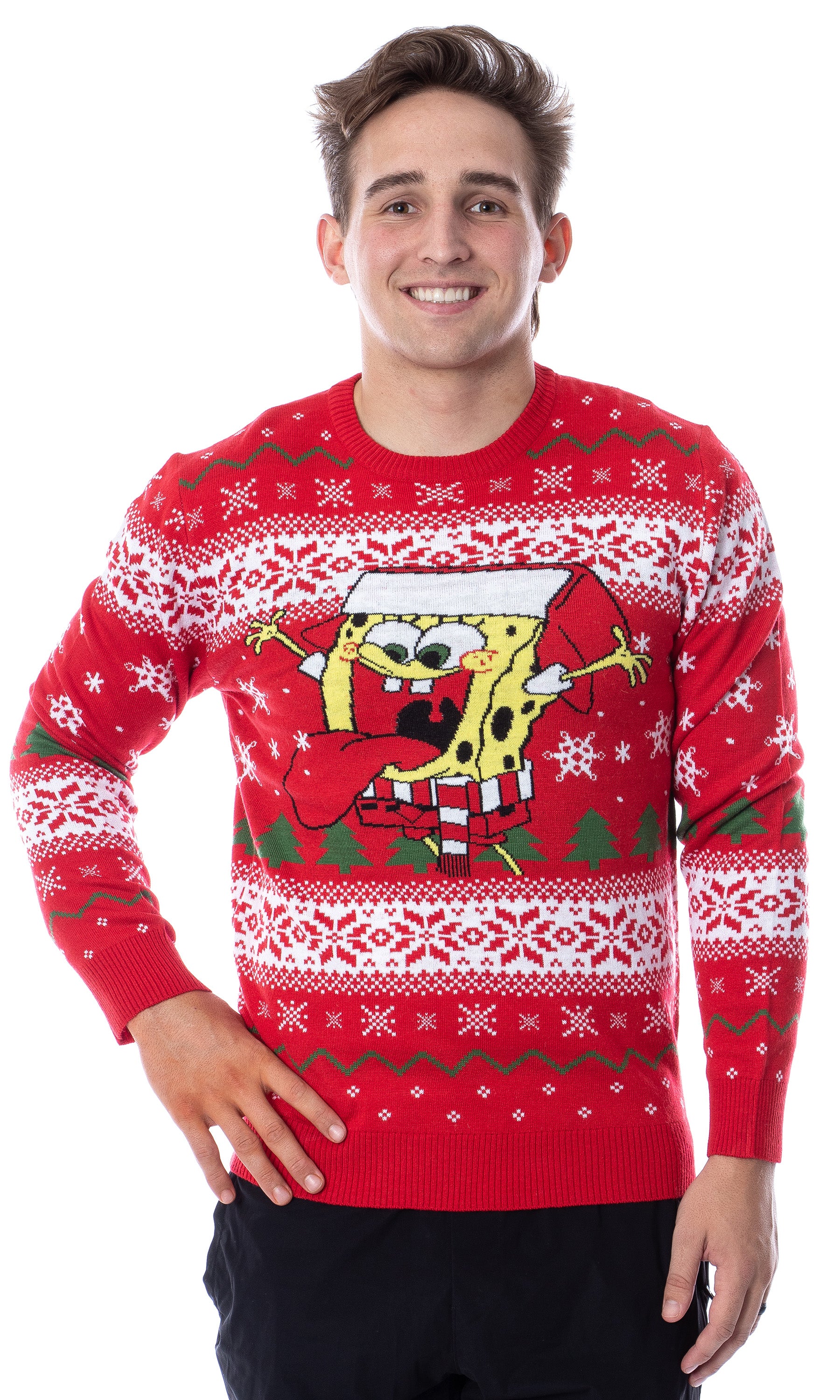 SpongeBob SquarePants Men's Snowflake Catching Ugly Sweater Knit Pullover