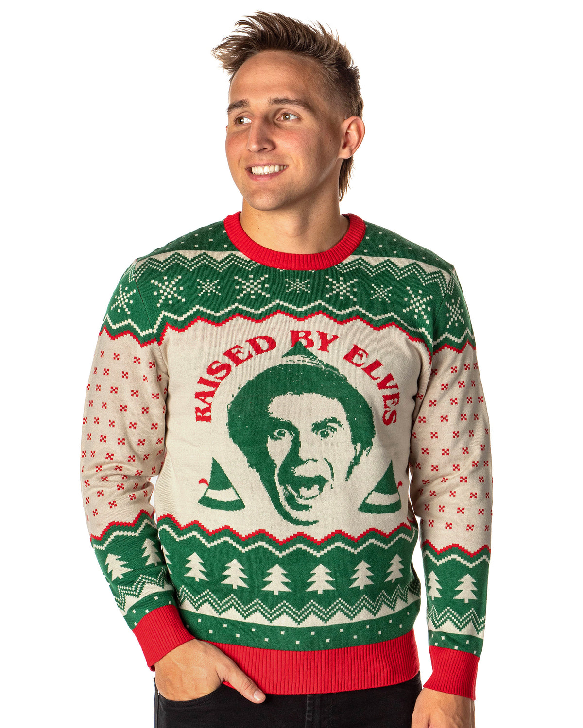ELF The Movie Men's Raised By Elves Ugly Sweater for Christmas Knit Pullover