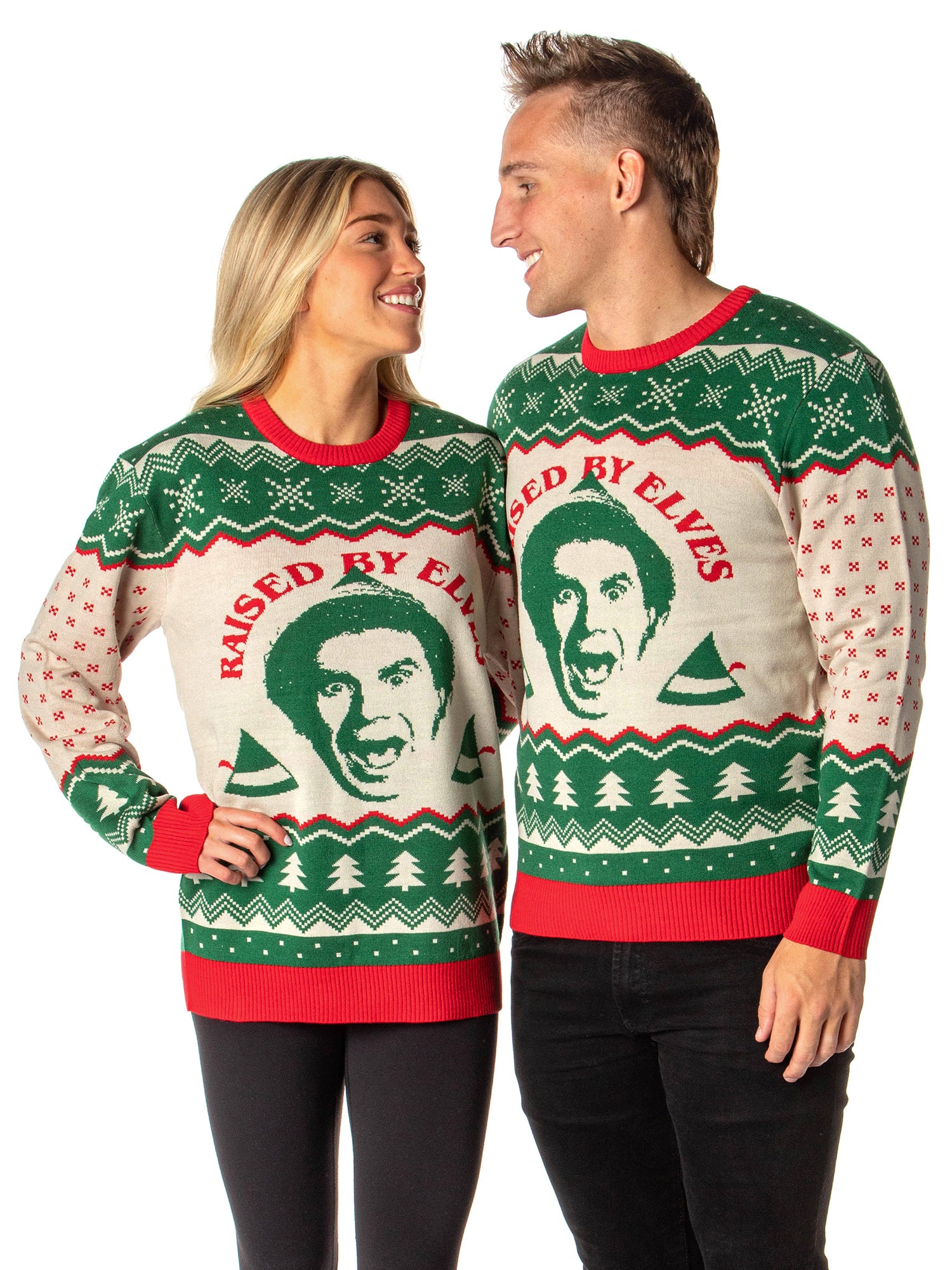 ELF The Movie Men's Raised By Elves Ugly Sweater for Christmas Knit Pullover
