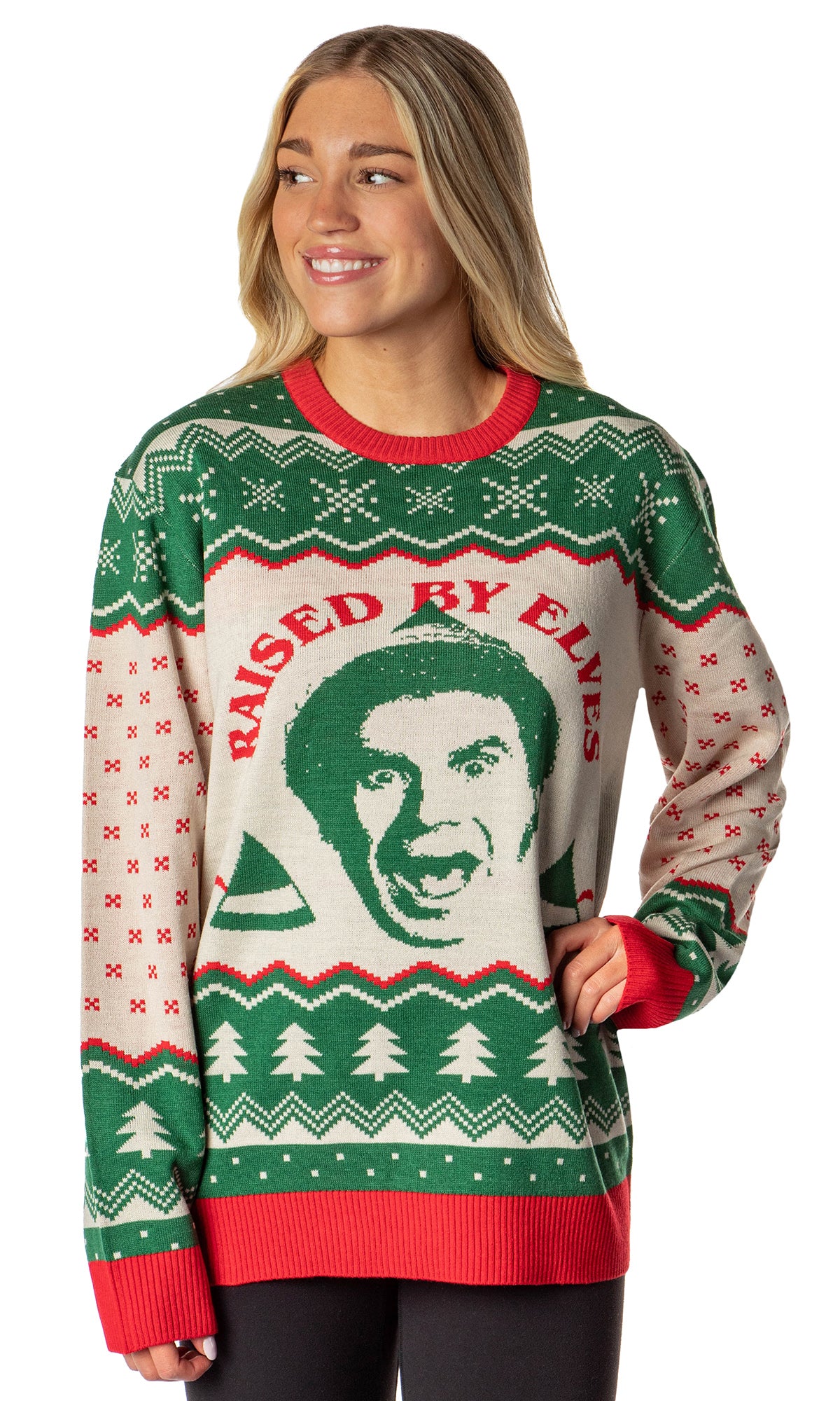 ELF The Movie Men's Raised By Elves Ugly Sweater for Christmas Knit Pullover
