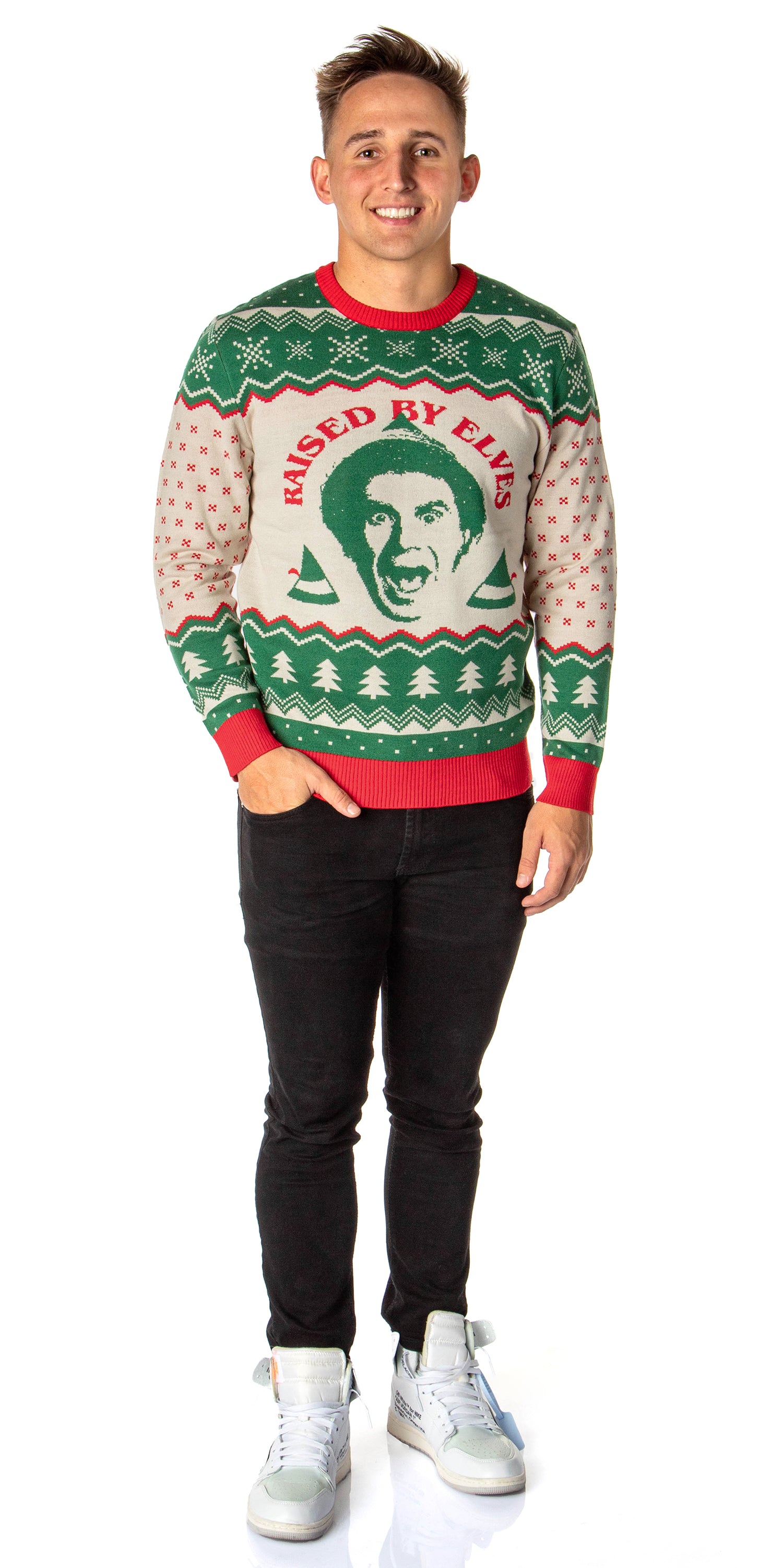 ELF The Movie Men's Raised By Elves Ugly Sweater for Christmas Knit Pullover