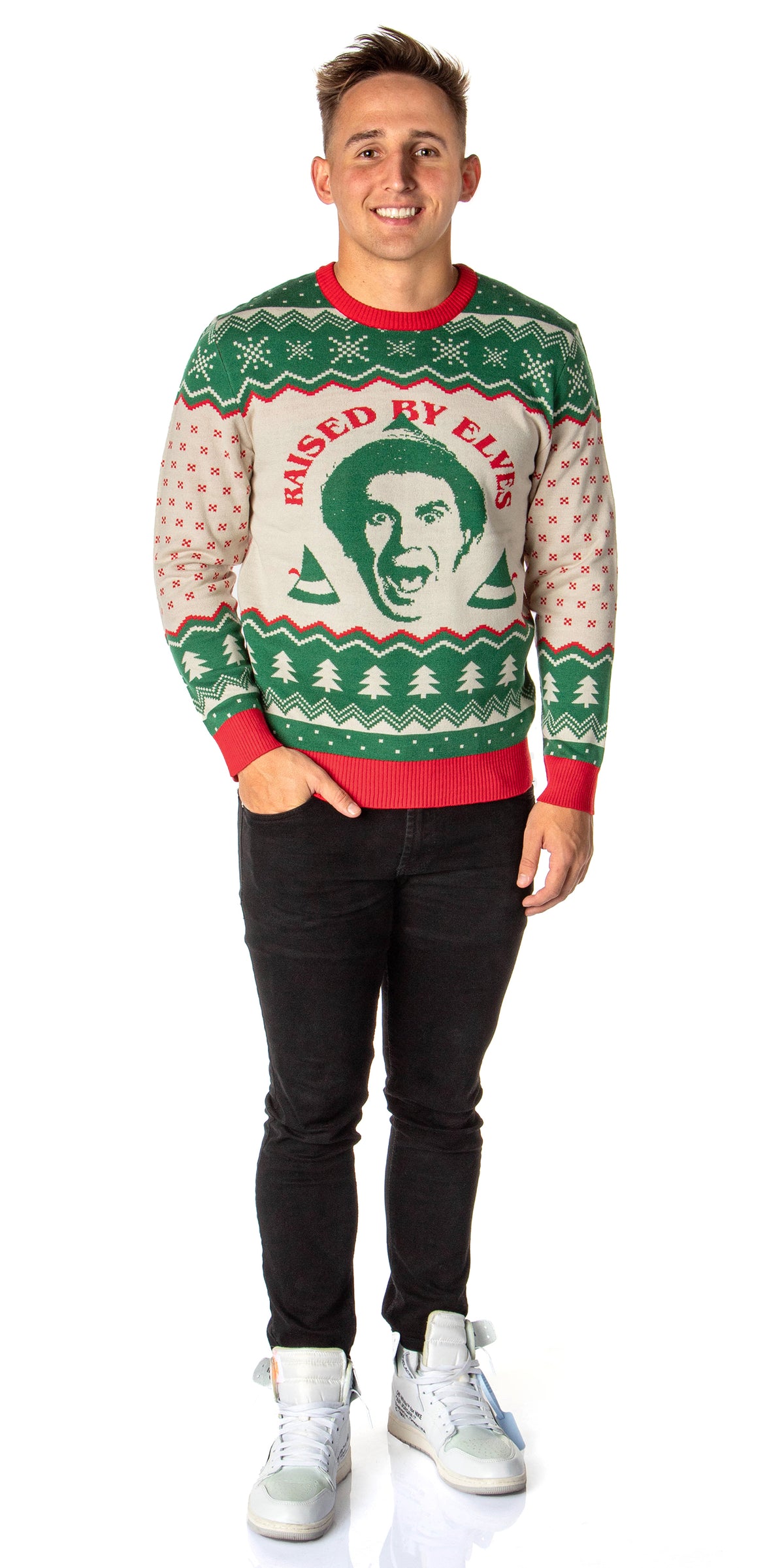 ELF The Movie Men's Raised By Elves Ugly Sweater for Christmas Knit Pullover