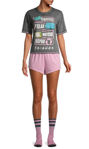 Women's Friends TV Show Pajama Set 3 PC Burnout Shirt Shorts W/ Crew Socks