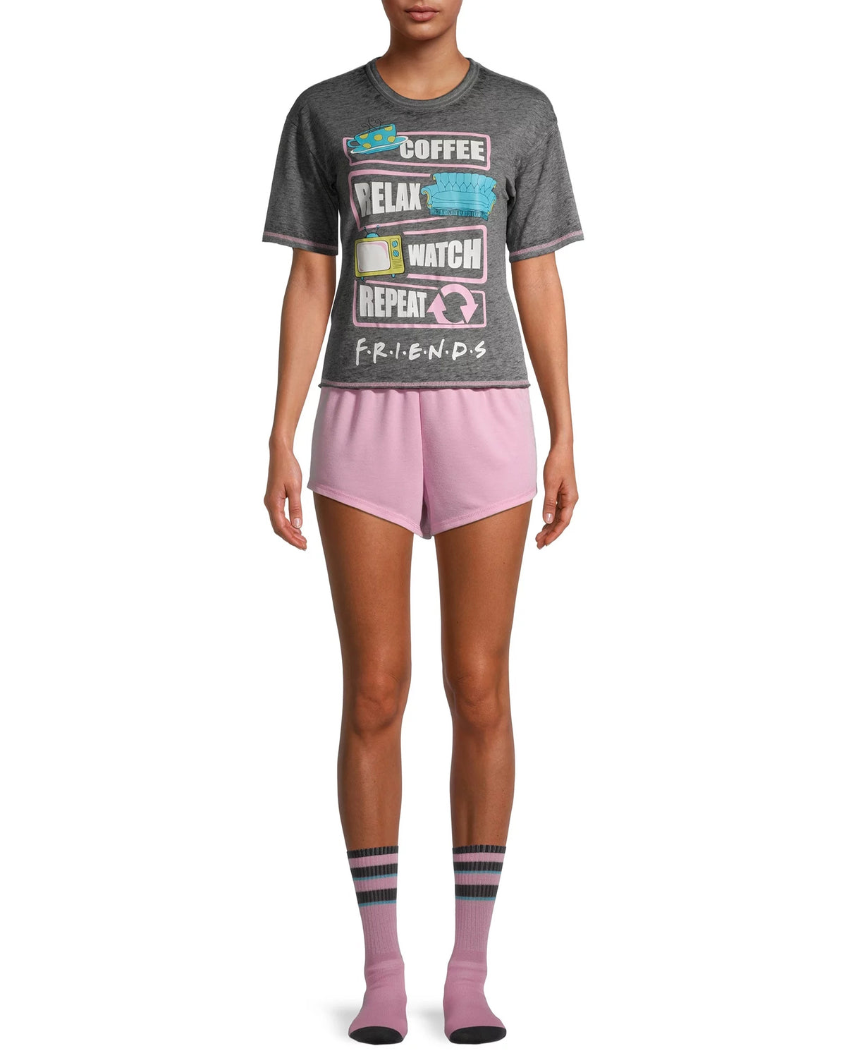 Women's Friends TV Show Pajama Set 3 PC Burnout Shirt Shorts W/ Crew Socks
