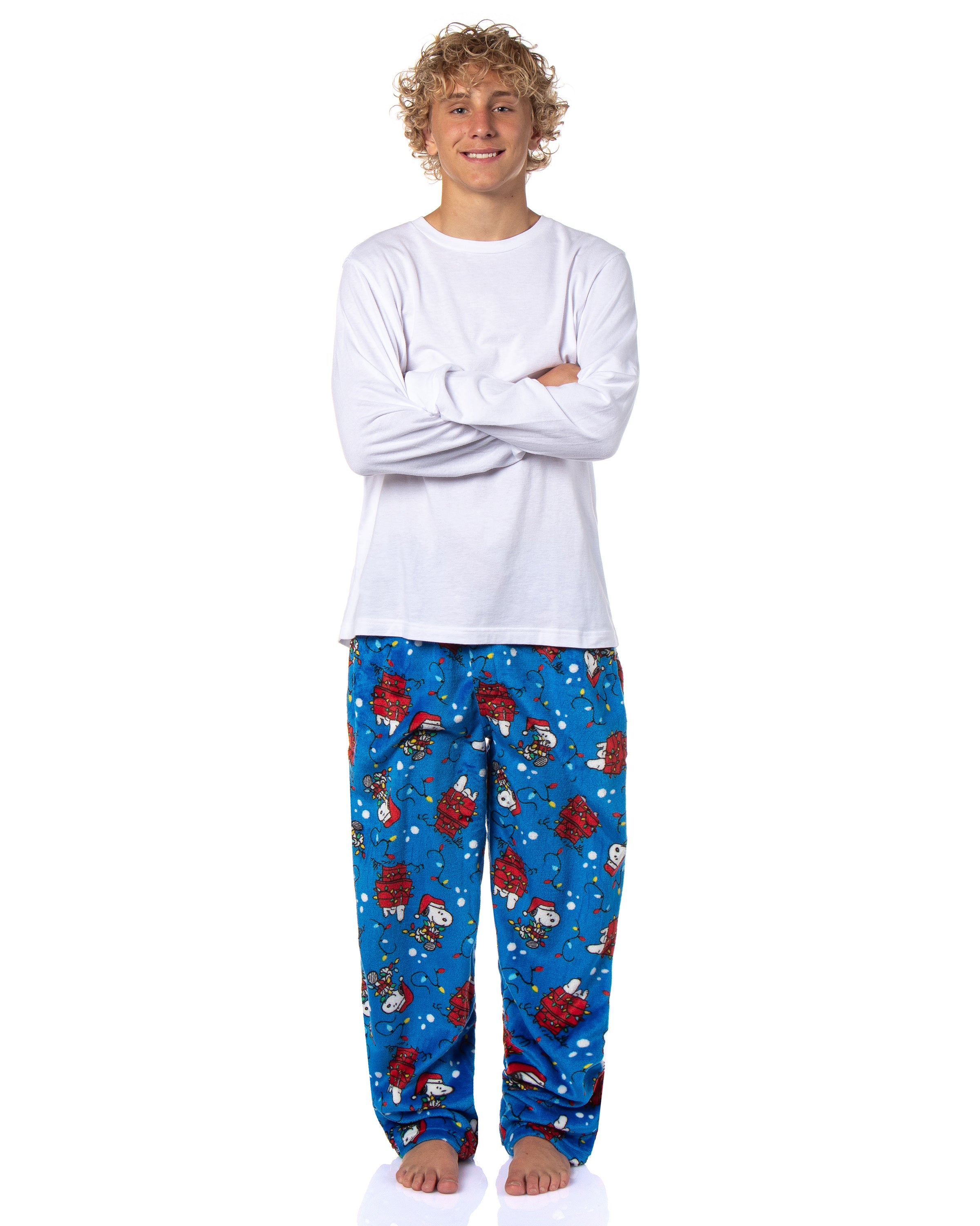 Peanuts Snoopy Doghouse Christmas Lights Plush Fleece Men's Pajama Pants