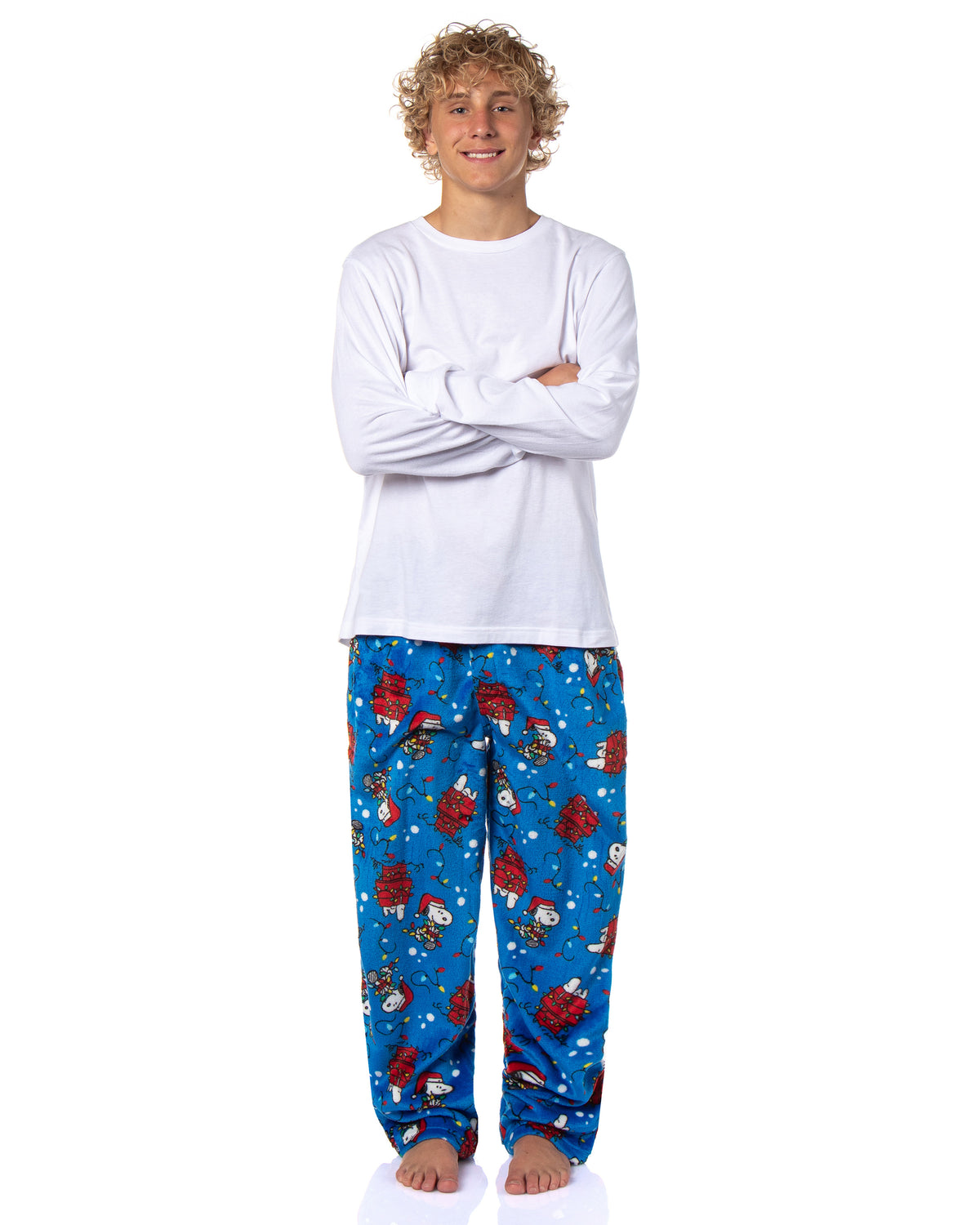 Peanuts Snoopy Doghouse Christmas Lights Plush Fleece Men's Pajama Pants