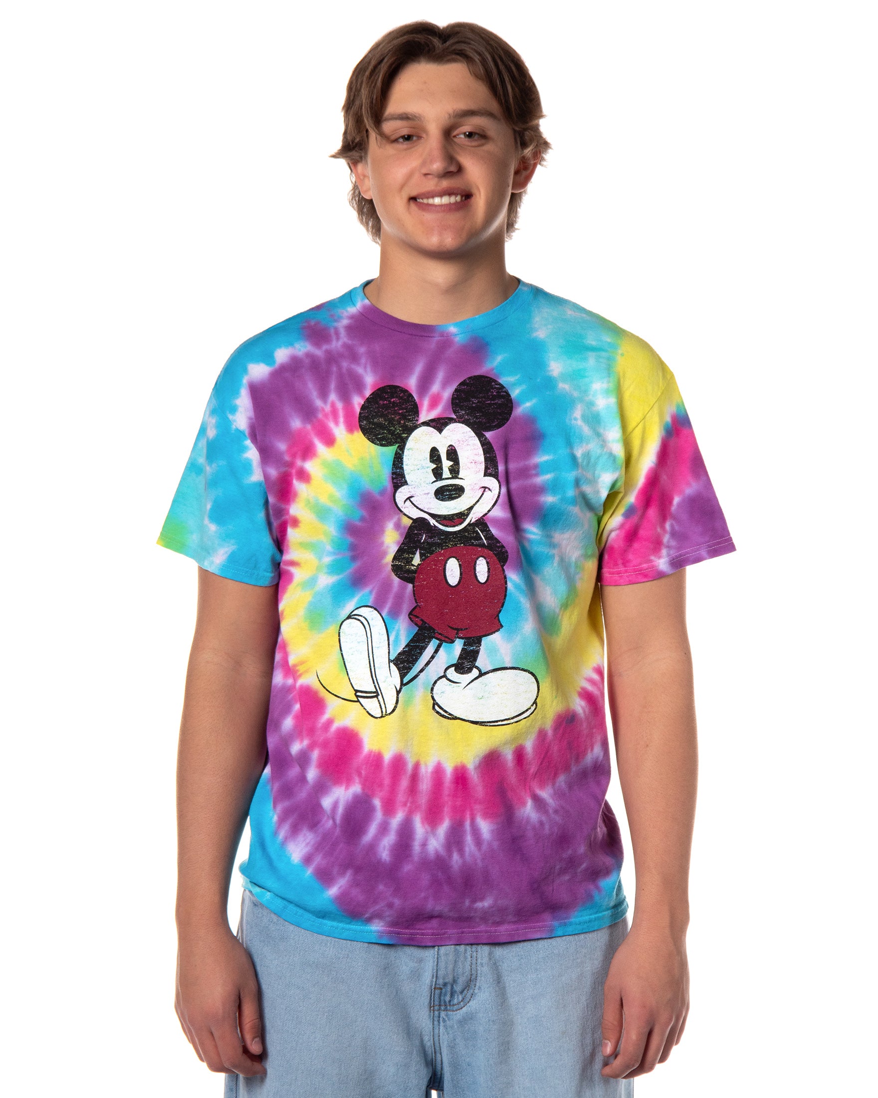 Disney Men's Mickey Mouse Distressed Tie-Dye Adult Short Sleeve T-Shirt