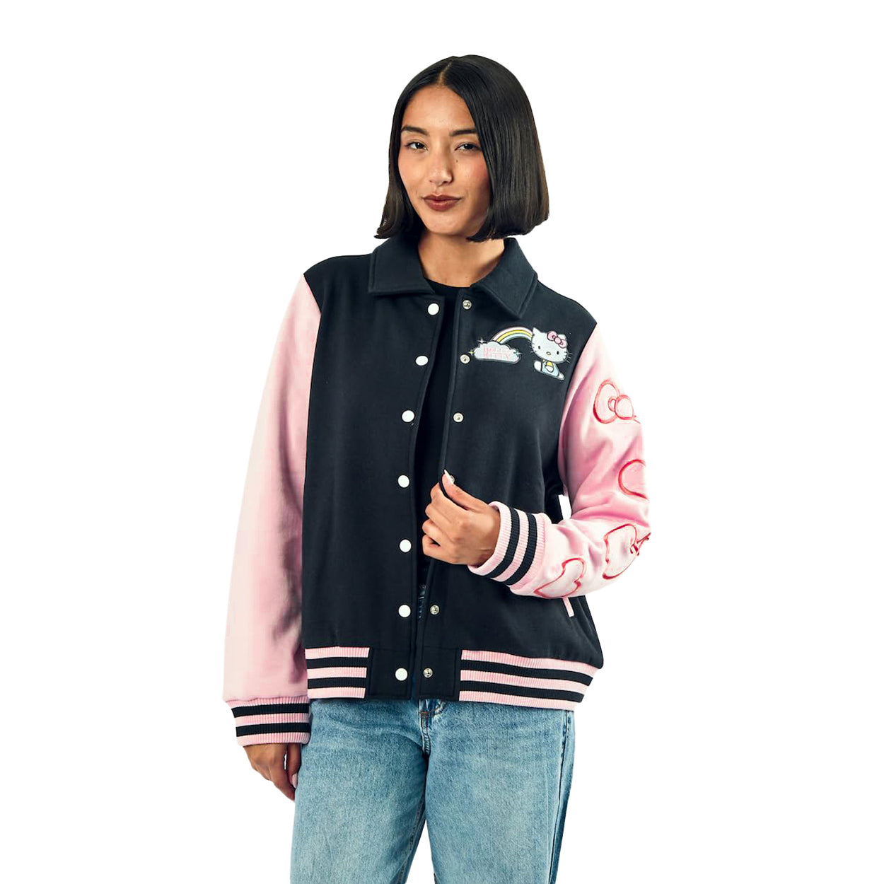 Sanrio Hello Kitty Varsity Jacket Women's Embroidered Patch Button Up