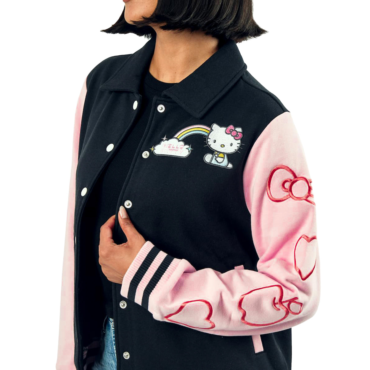 Sanrio Hello Kitty Varsity Jacket Women's Embroidered Patch Button Up