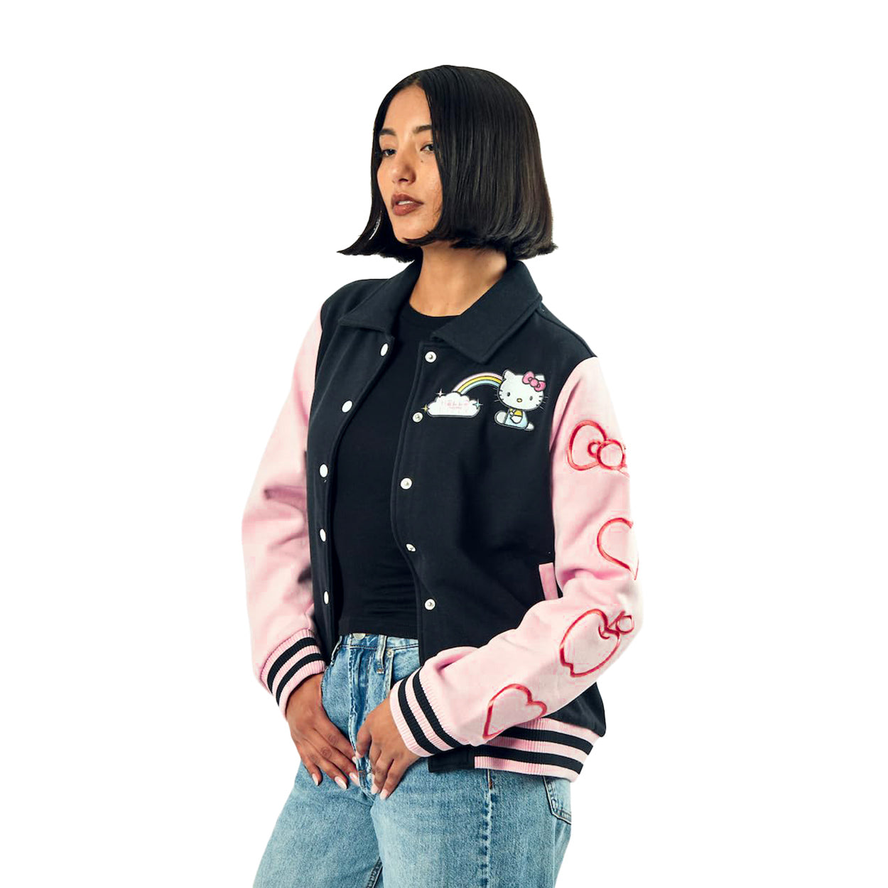 Sanrio Hello Kitty Varsity Jacket Women's Embroidered Patch Button Up