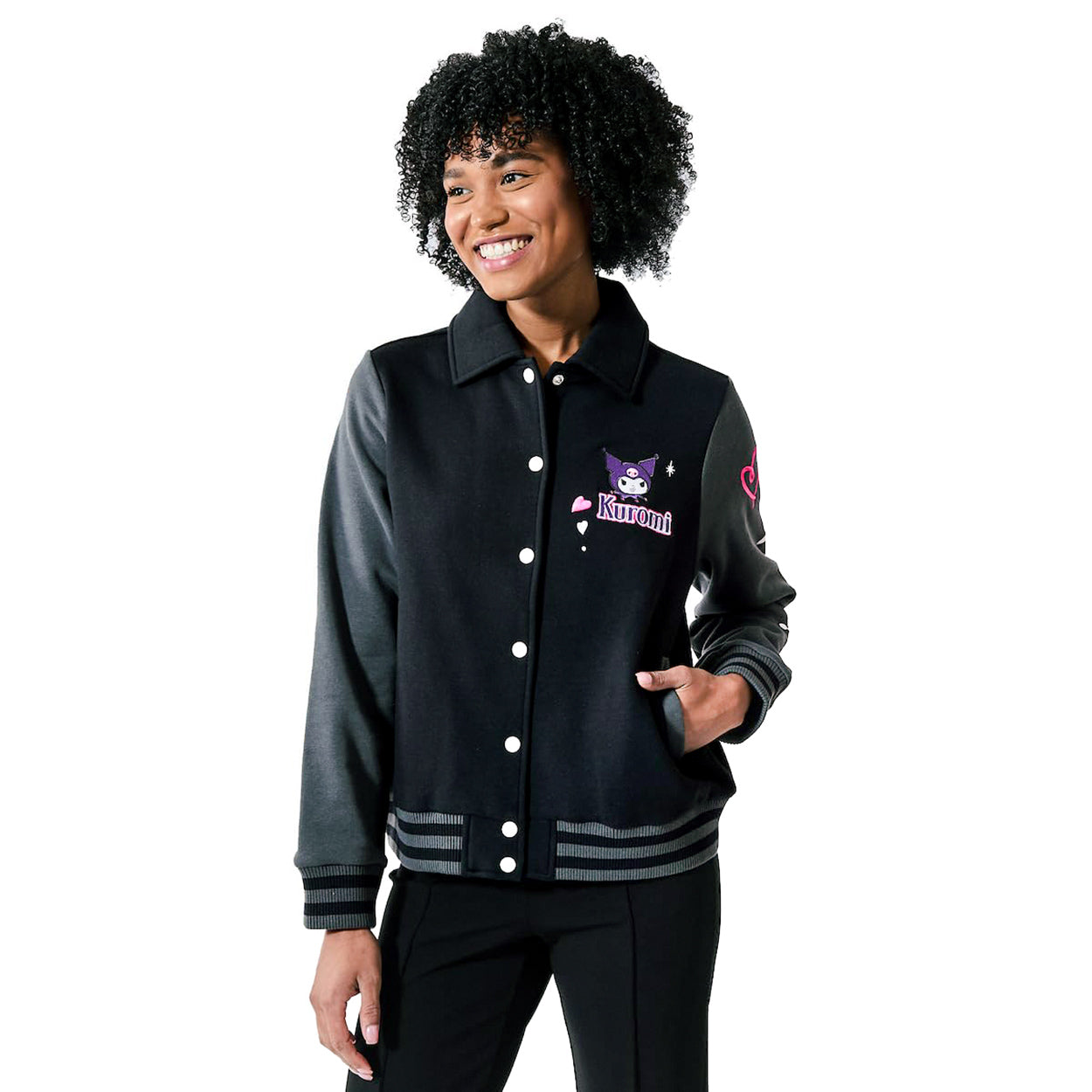 Sanrio Kuromi Varsity Jacket Women's Embroidered Patch Button Up