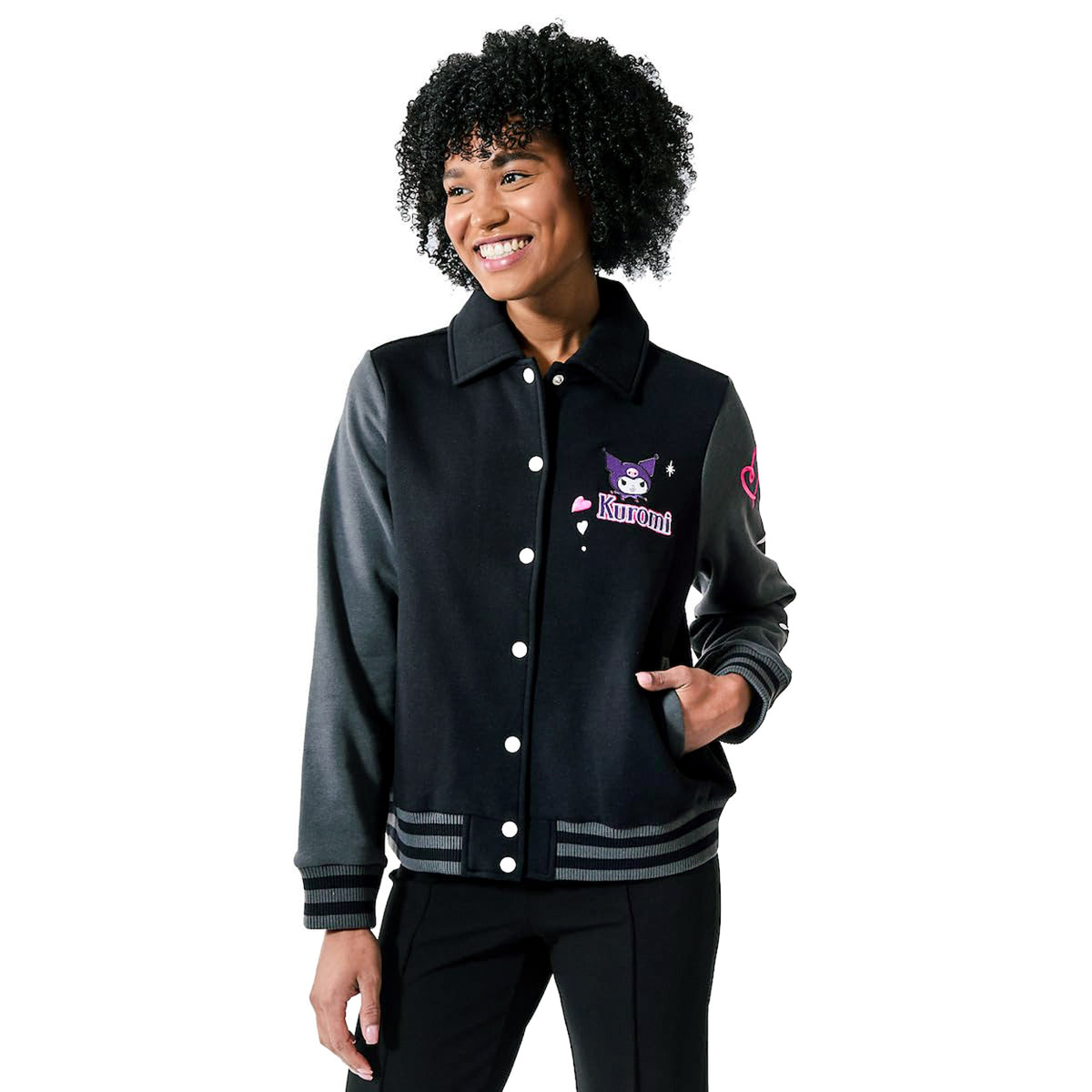 Sanrio Kuromi Varsity Jacket Women's Embroidered Patch Button Up