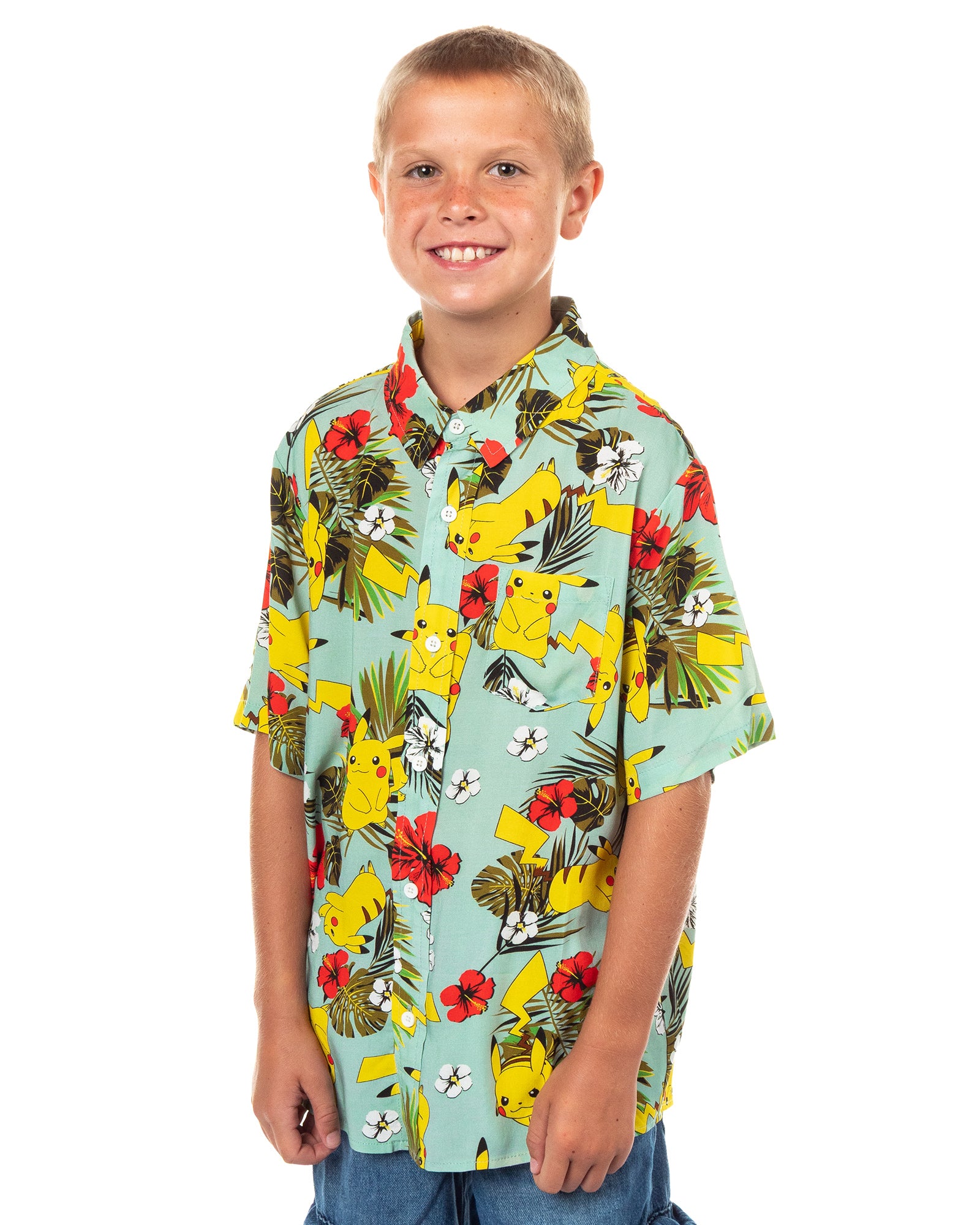 Pokemon Shirt Boy's Pikachu Hawaiian Short Sleeve Button Up Top
