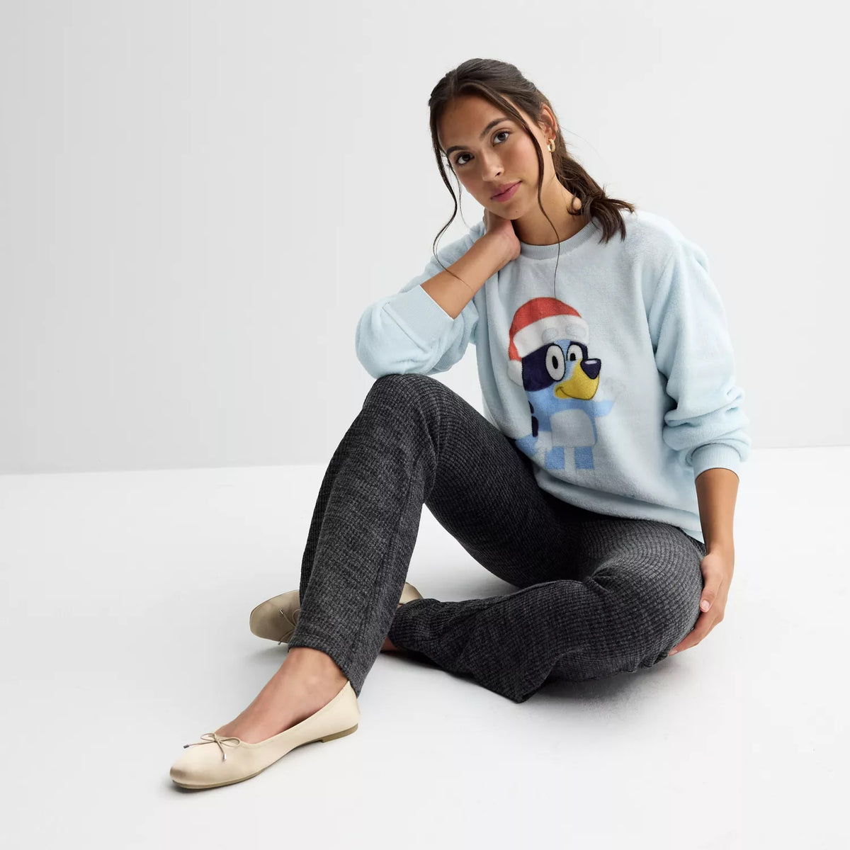 Bluey Women's Super Soft Plush Crewneck Santa Hat Pullover Sweatshirt