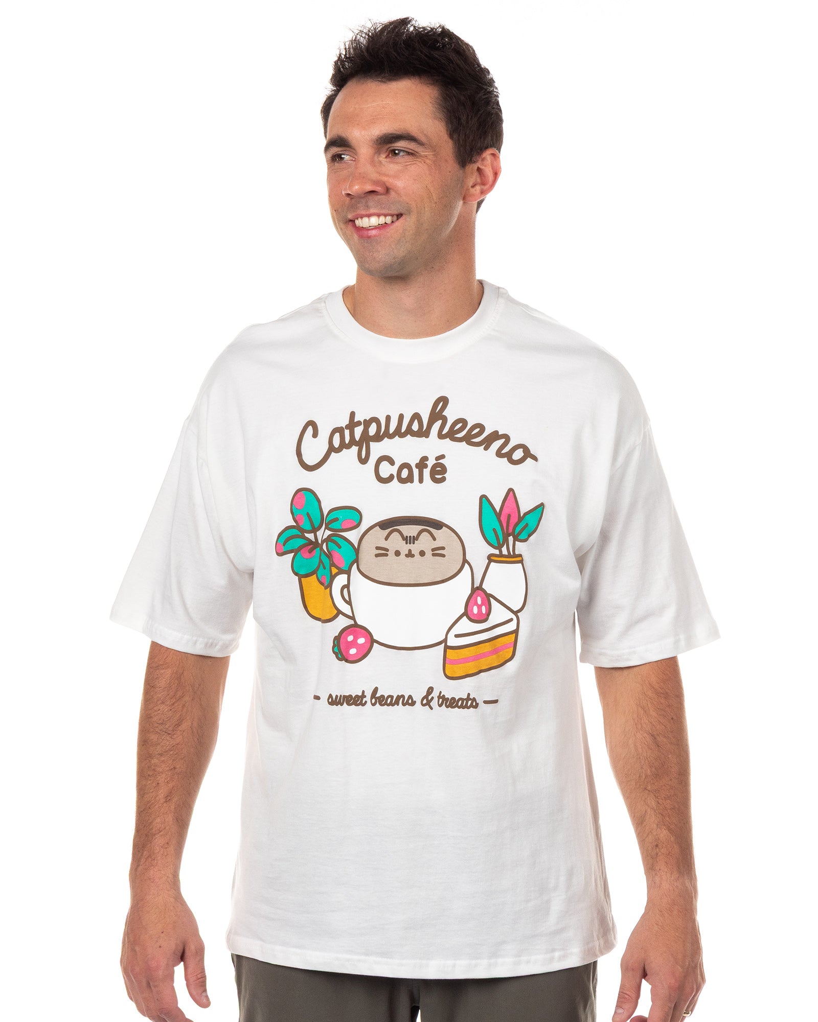 Catpusheeno Café Men's Graphic T-Shirt With Cute Cat & Dessert Print Tee