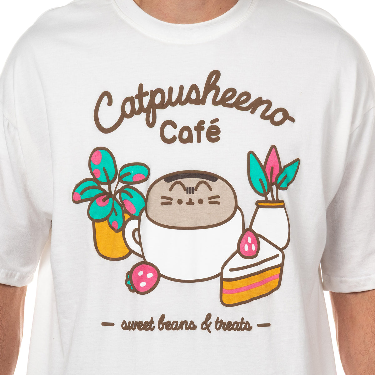 Catpusheeno Café Men's Graphic T-Shirt With Cute Cat & Dessert Print Tee