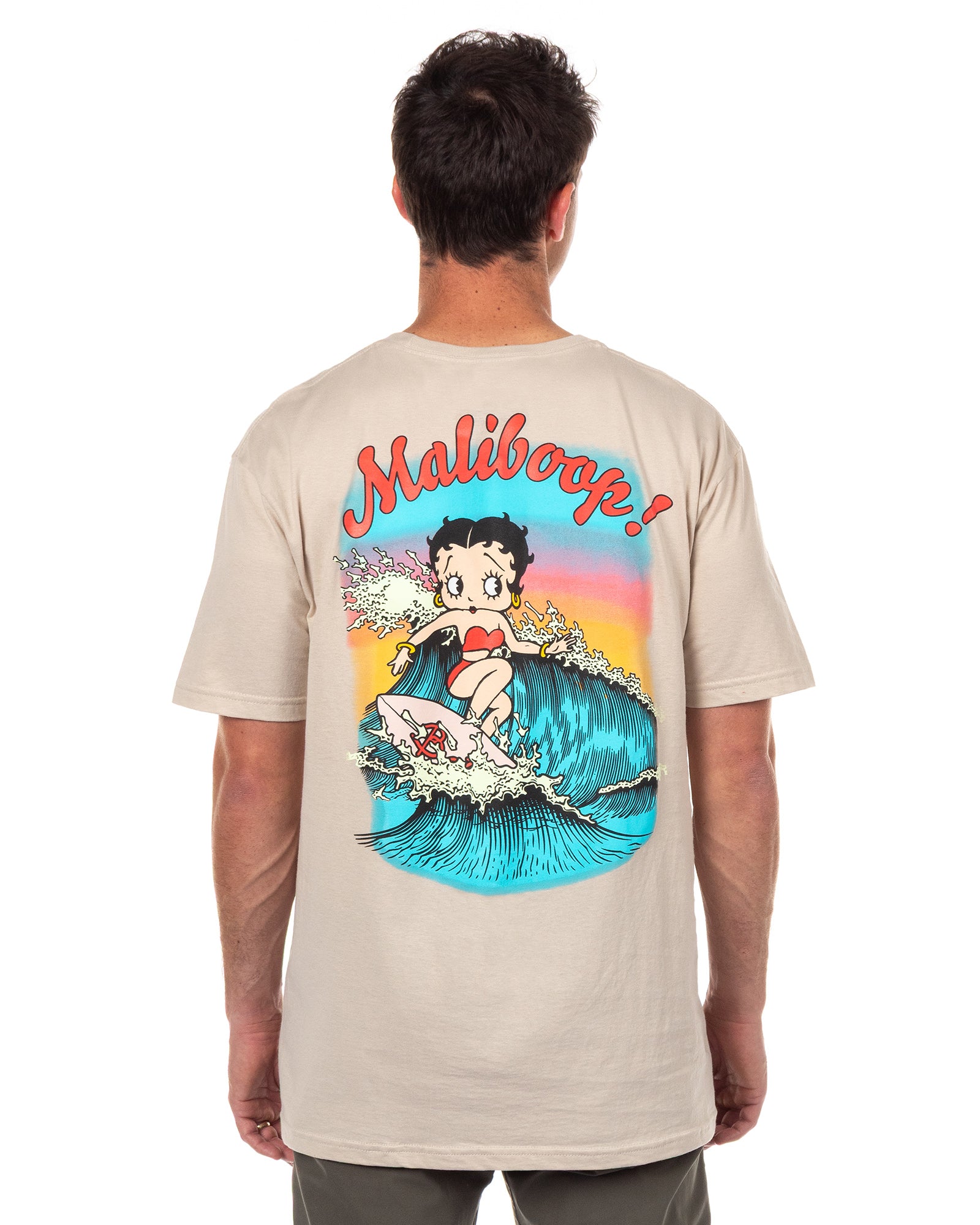 Betty Boop Maliboop T-Shirt Men's Front & Back Surfing Sunset Graphic Tee