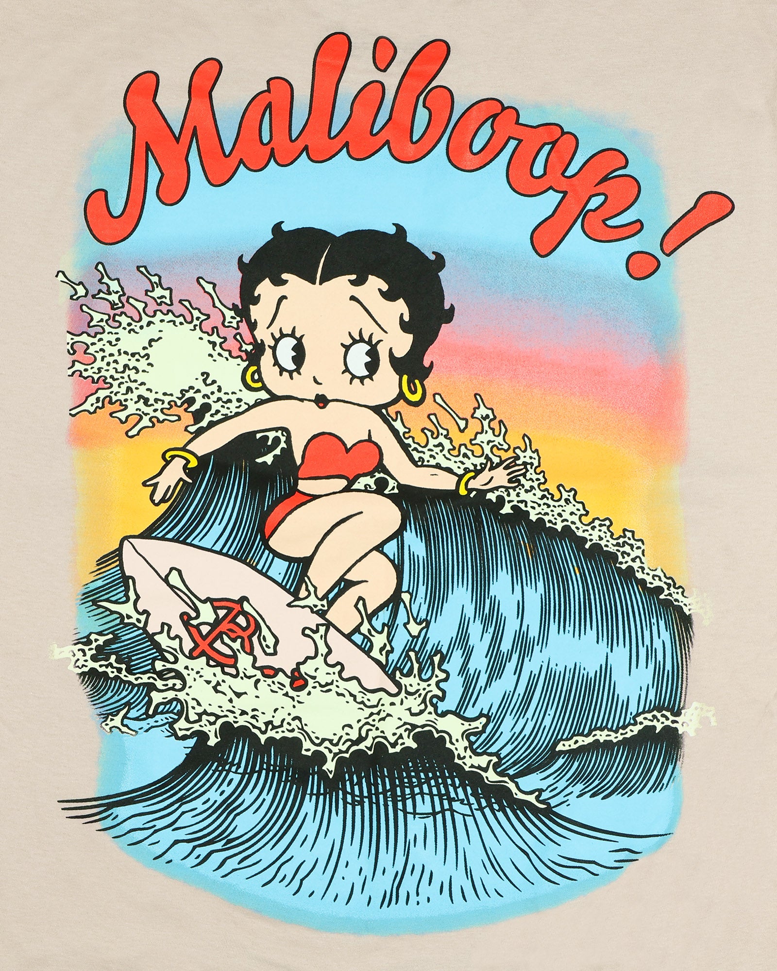 Betty Boop Maliboop T-Shirt Men's Front & Back Surfing Sunset Graphic Tee