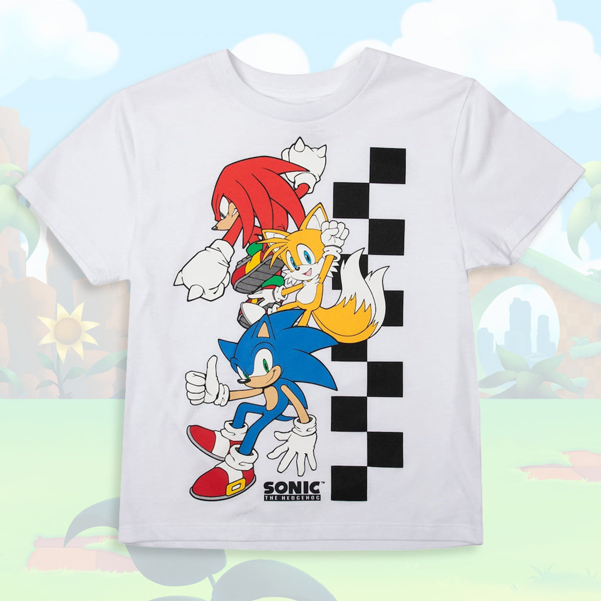 Sonic The Hedgehog Boys' T-Shirt With Sonic, Tails, Knuckles & Racing Flag