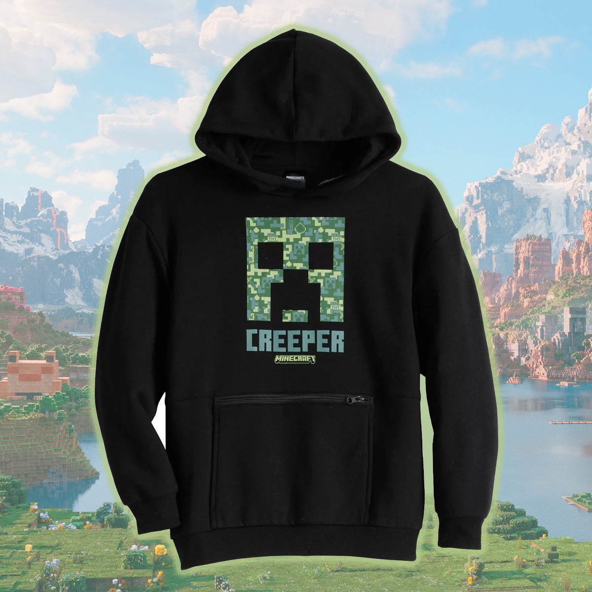 Minecraft Creeper Boys' Pullover Hoodie with Kangaroo and Zip Pocket