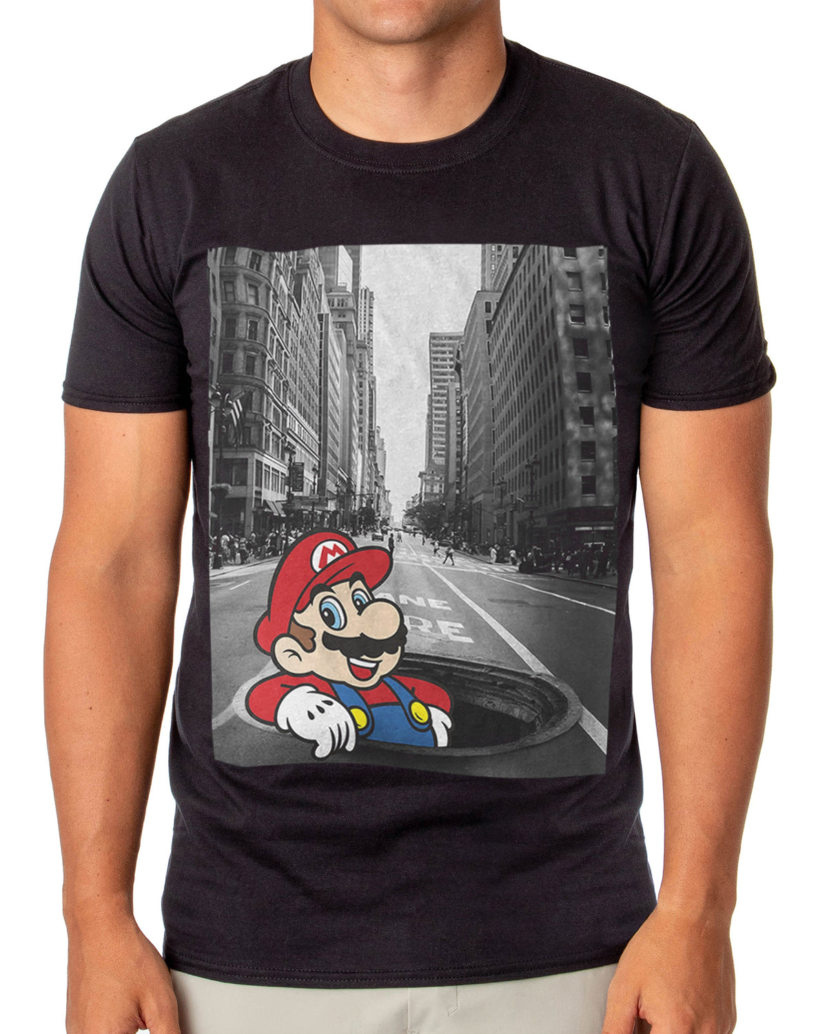 Super Mario T-Shirt Men's Black and White City Scene Graphic Tee