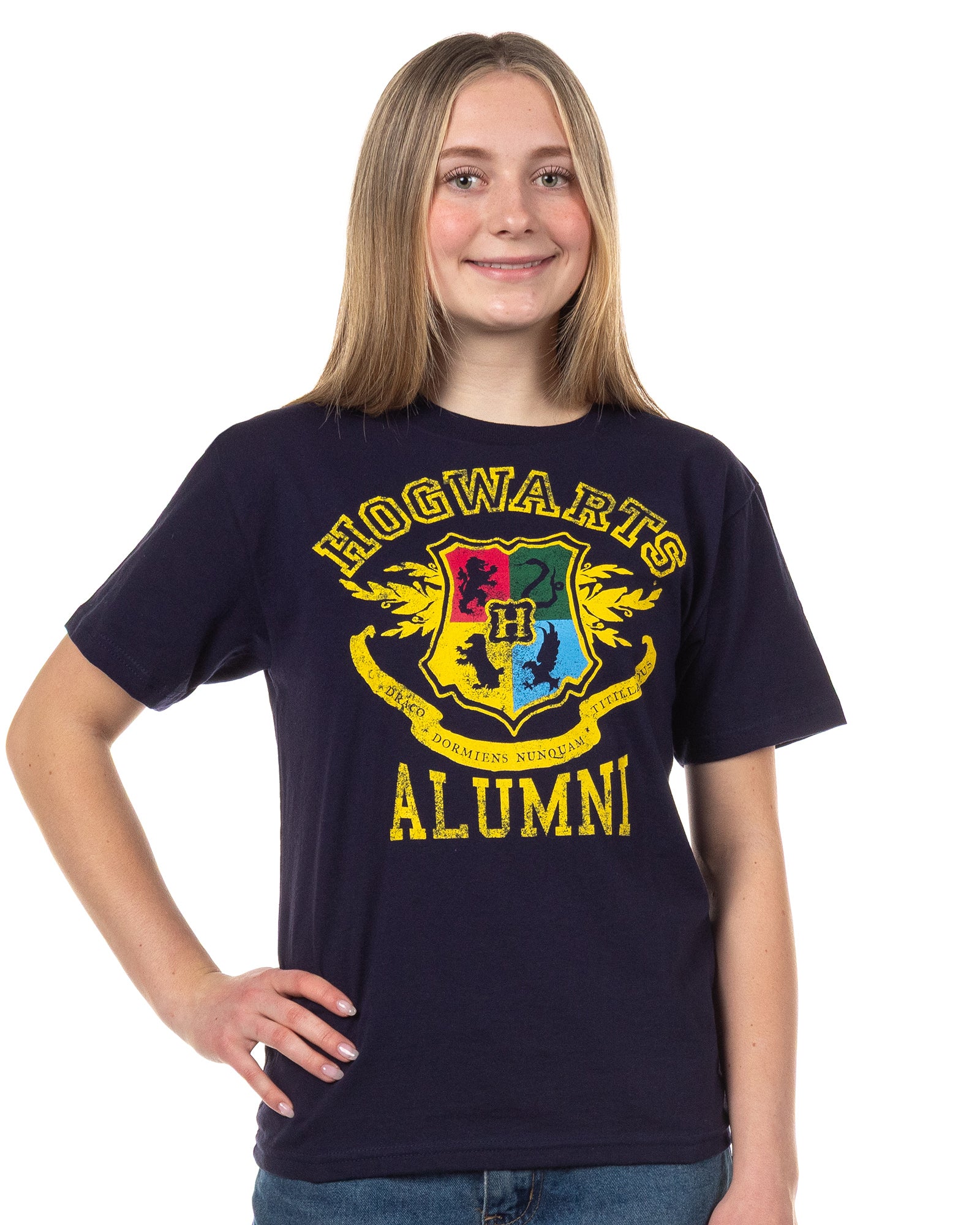 Harry Potter T-Shirt Women's Juniors Hogwarts Alumni Crest Distressed Design Tee